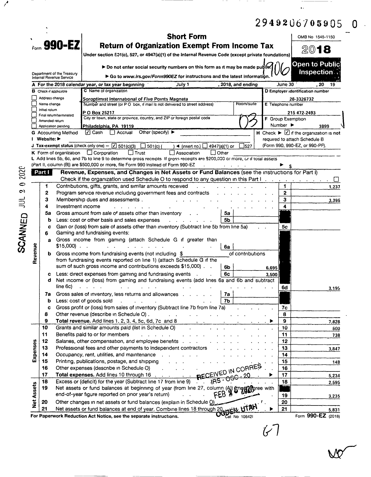 Image of first page of 2018 Form 990EZ for Soroptimist International of Five Points Magneta