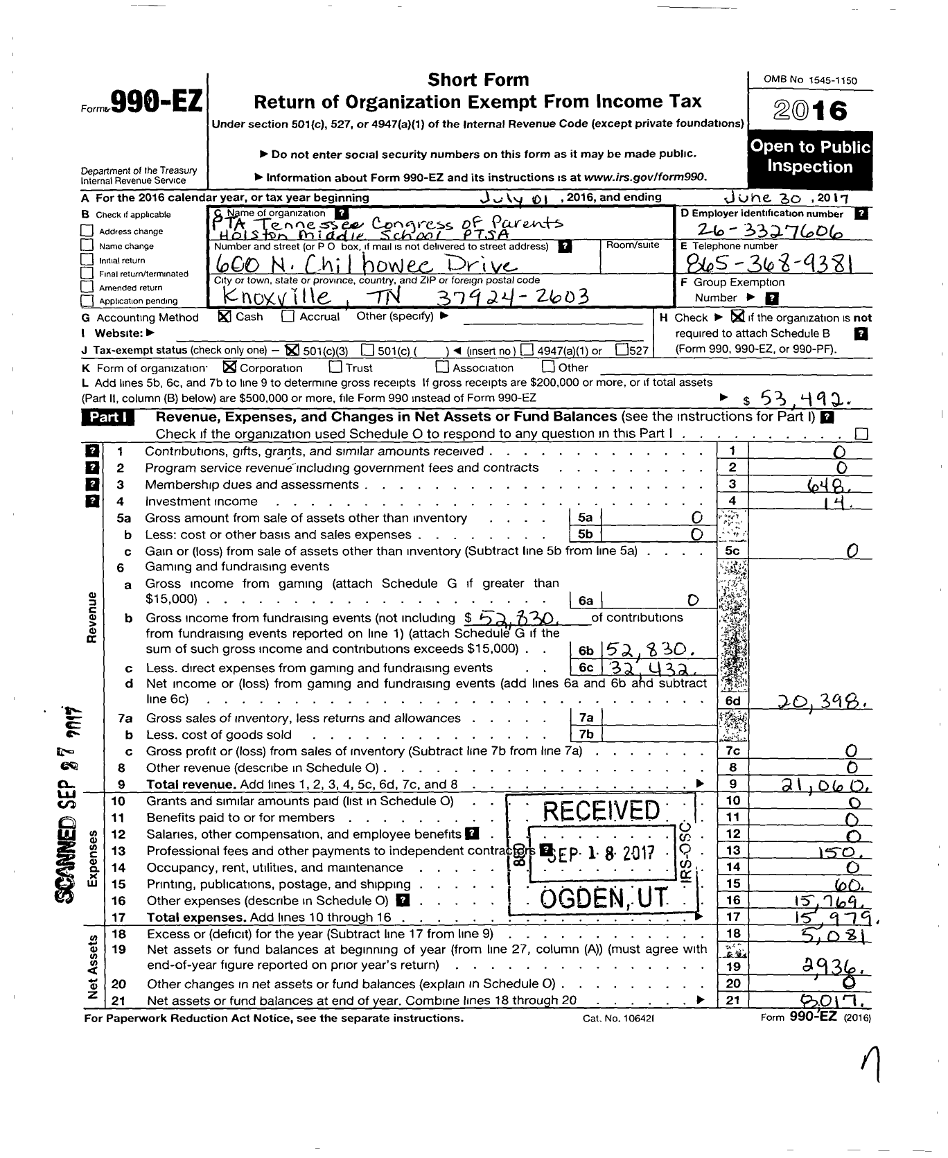 Image of first page of 2016 Form 990EZ for PTA Tennessee Congress of Parents Teachers / Holston Middle Ptsa