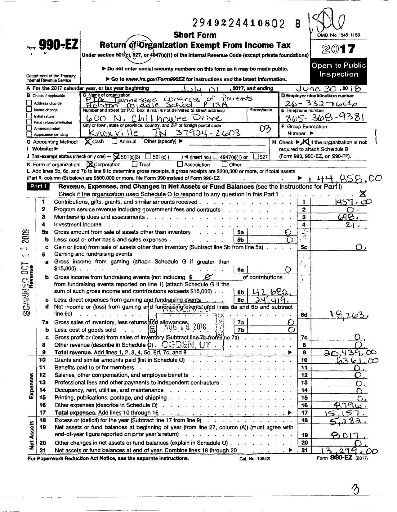 Image of first page of 2017 Form 990EZ for PTA Tennessee Congress of Parents Teachers / Holston Middle Ptsa