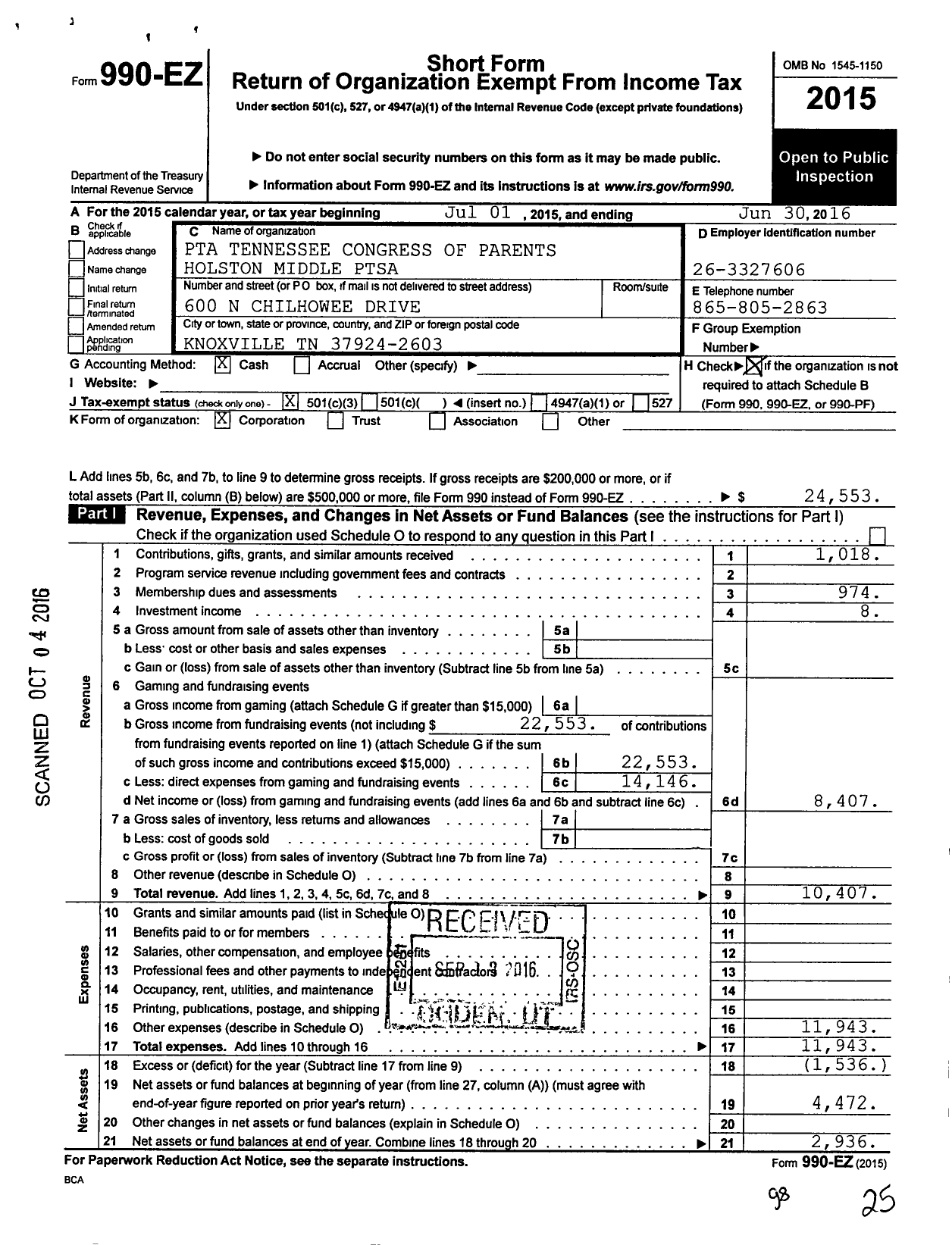 Image of first page of 2015 Form 990EZ for PTA Tennessee Congress of Parents Teachers / Holston Middle Ptsa