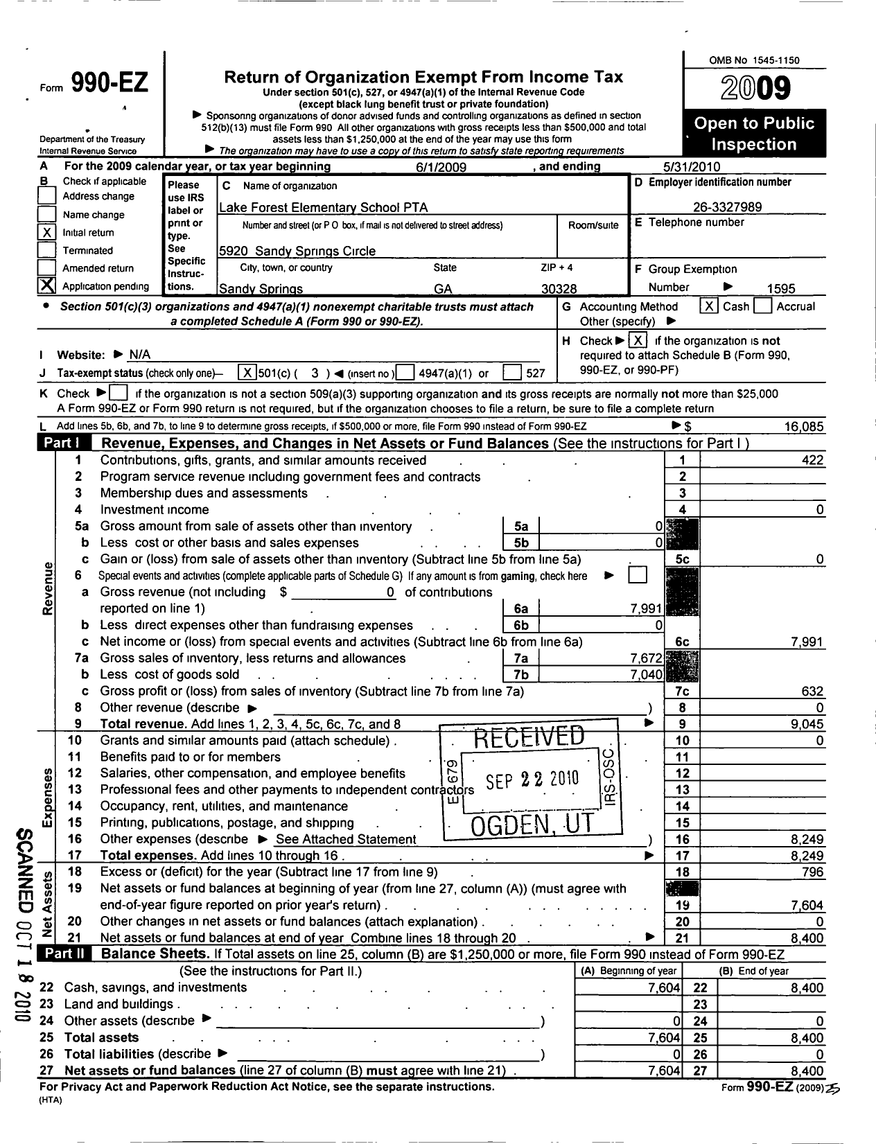 Image of first page of 2009 Form 990EZ for Georgia PTA - Lake Forest Es PTA