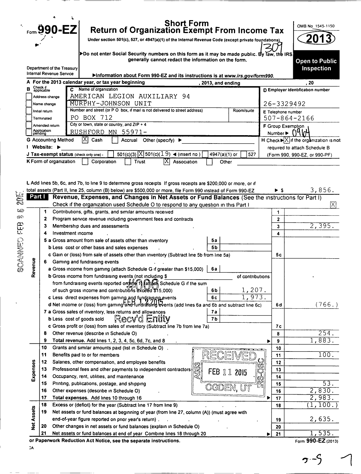 Image of first page of 2012 Form 990EO for American Legion Auxiliary - 94 Murphy-Johnson Unit