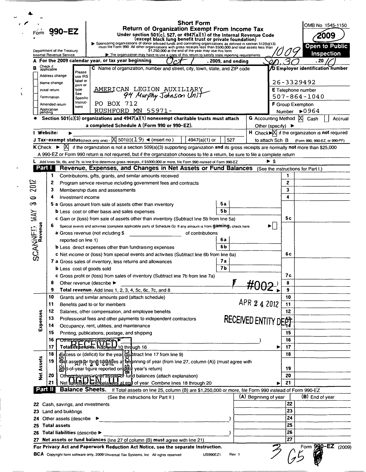Image of first page of 2009 Form 990EO for American Legion Auxiliary - 94 Murphy-Johnson Unit