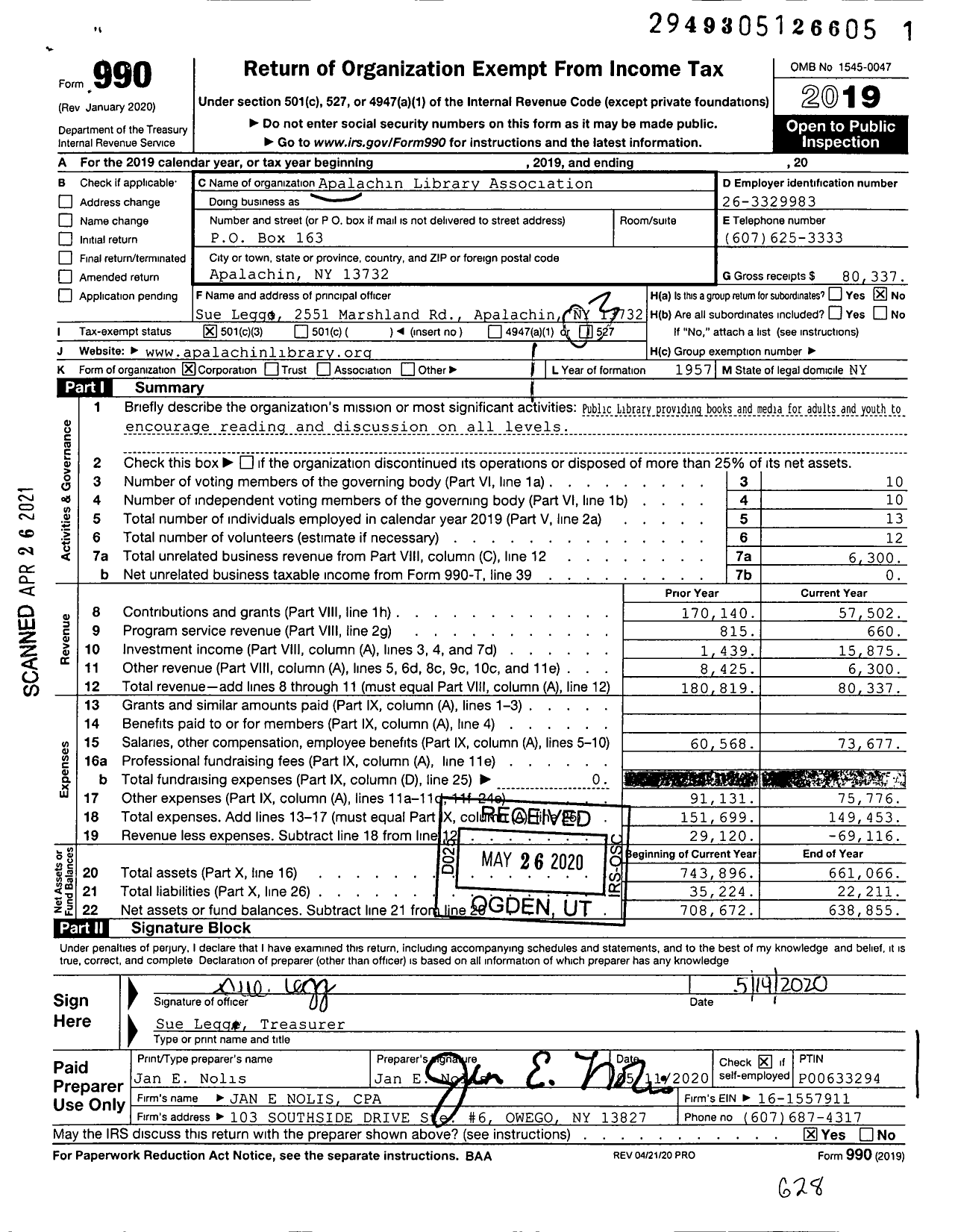 Image of first page of 2019 Form 990 for Apalachin Library Association