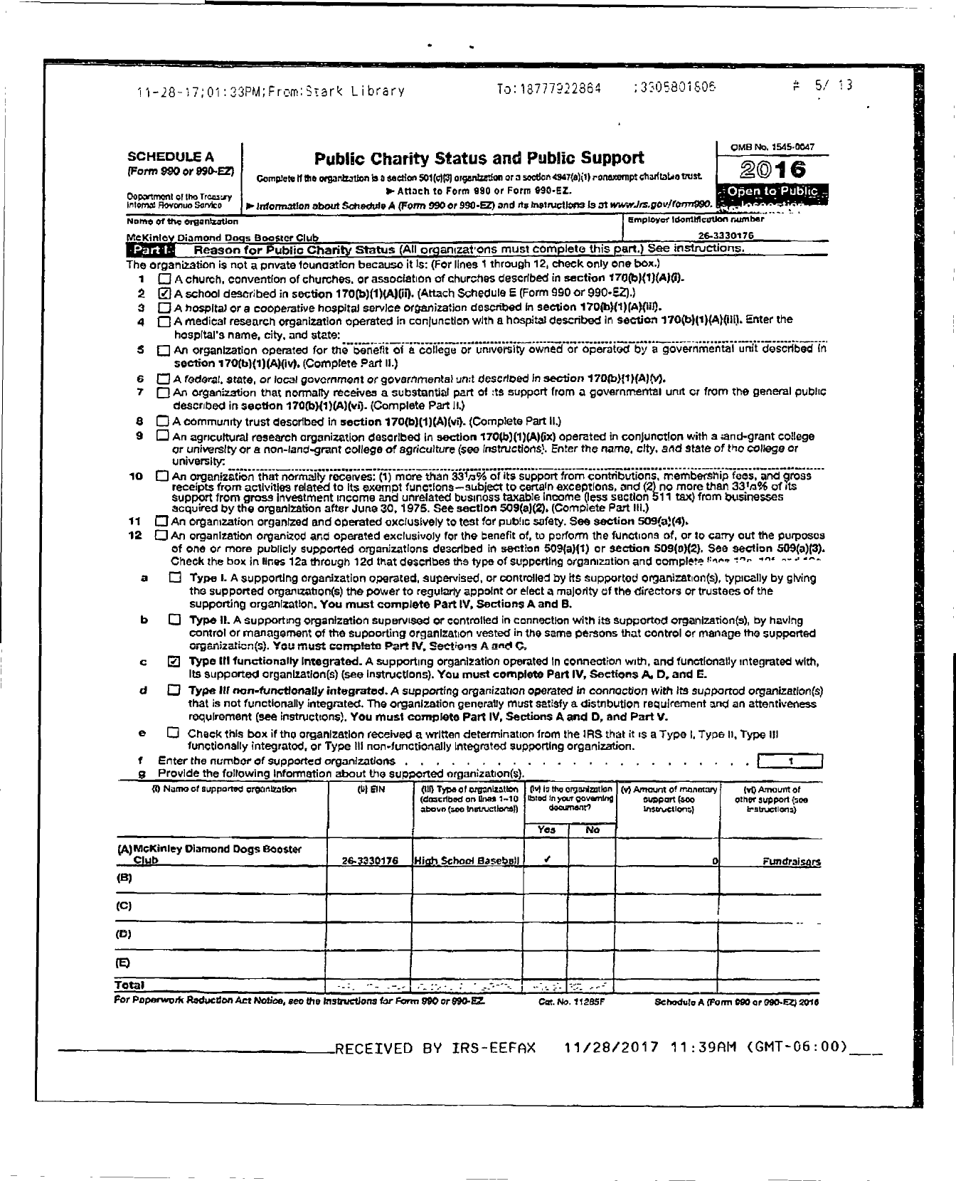 Image of first page of 2016 Form 990ER for Mckinley Diamond Dogs Booster Club