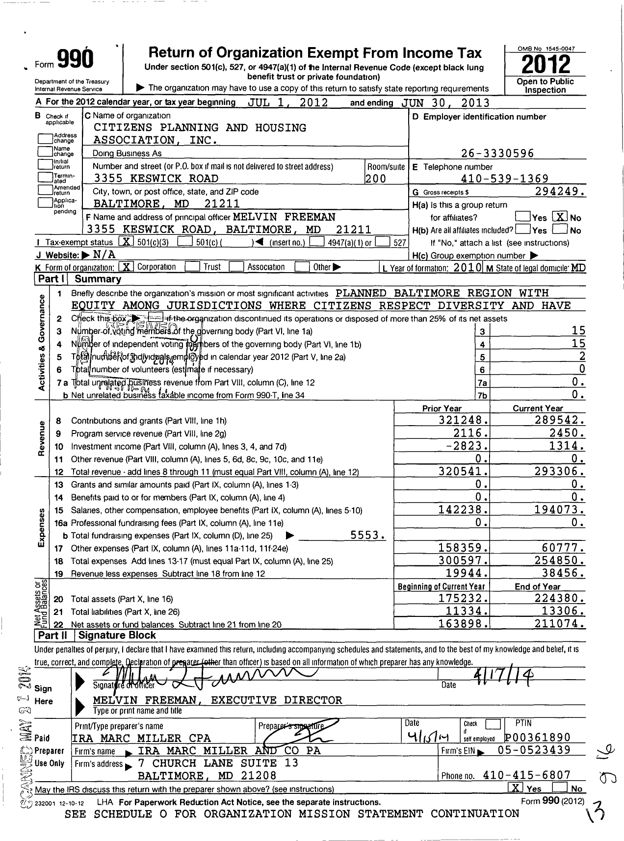 Image of first page of 2012 Form 990 for Citizens Planning and Housing Association