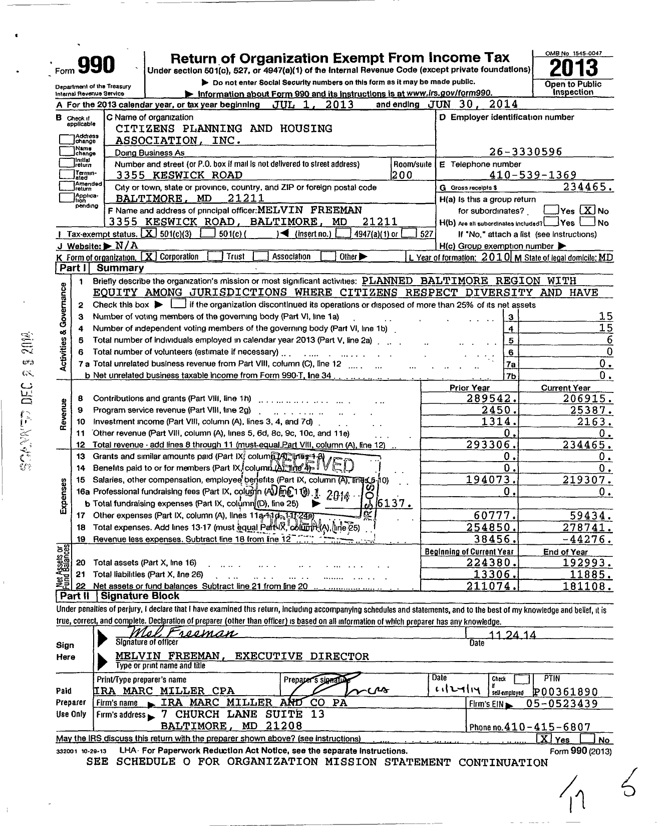 Image of first page of 2013 Form 990 for Citizens Planning and Housing Association