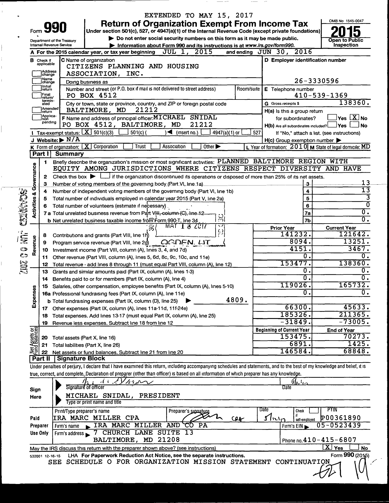 Image of first page of 2015 Form 990 for Citizens Planning and Housing Association