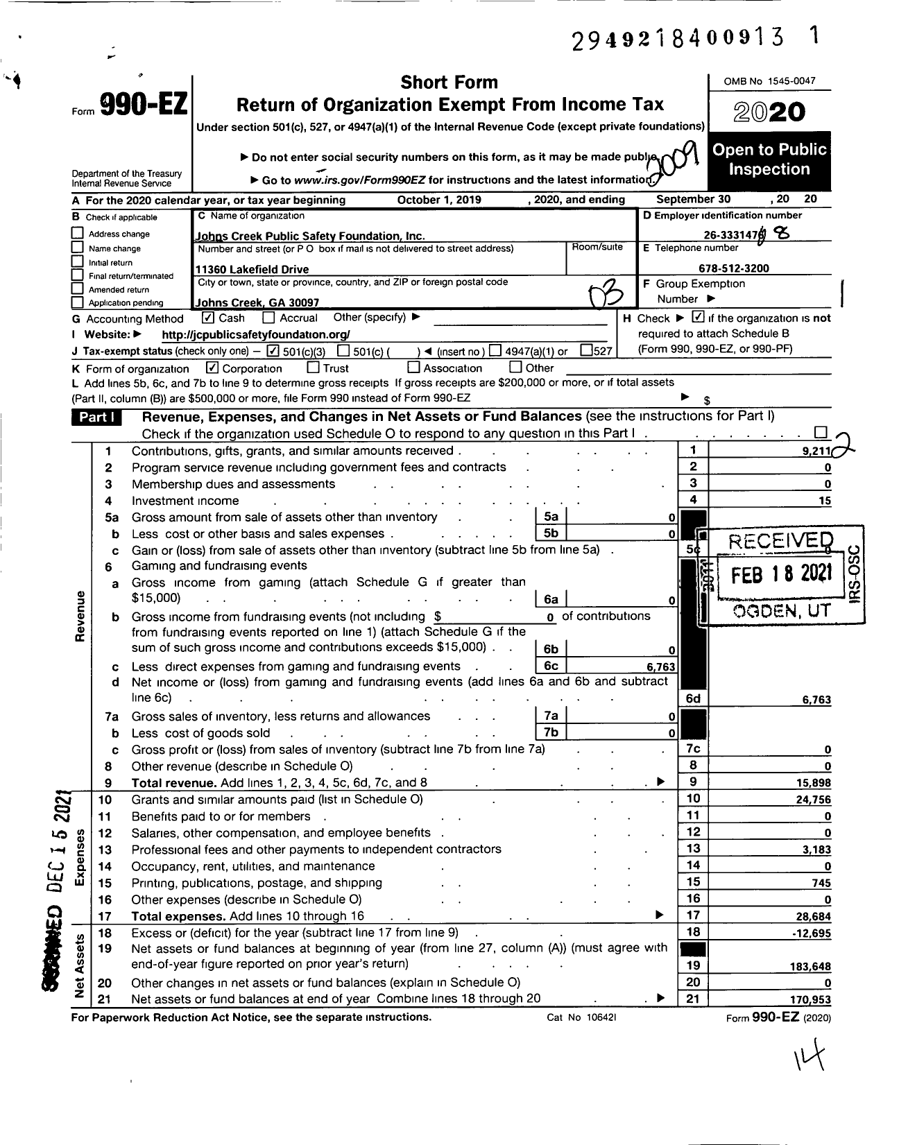 Image of first page of 2019 Form 990EZ for Johns Creek Public Safety Foundation