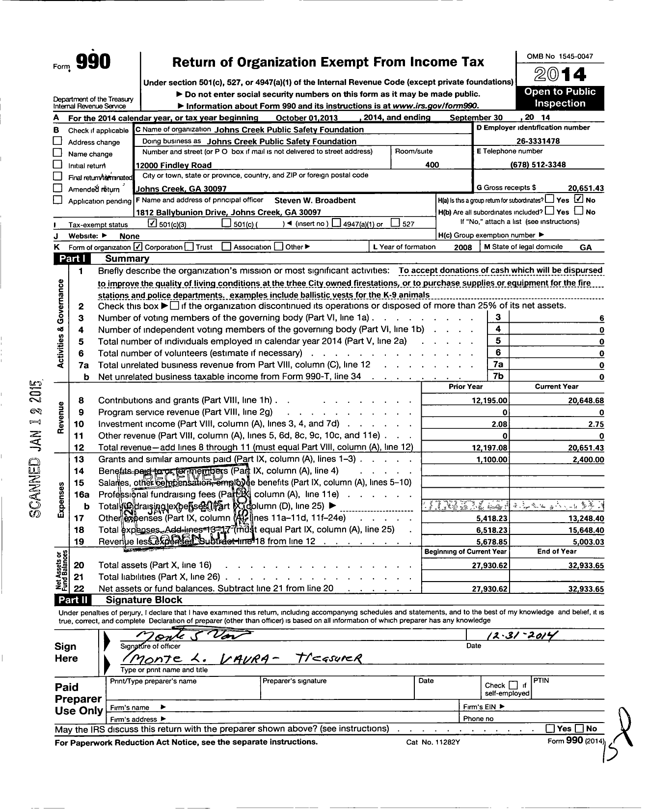 Image of first page of 2013 Form 990 for Johns Creek Public Safety Foundation