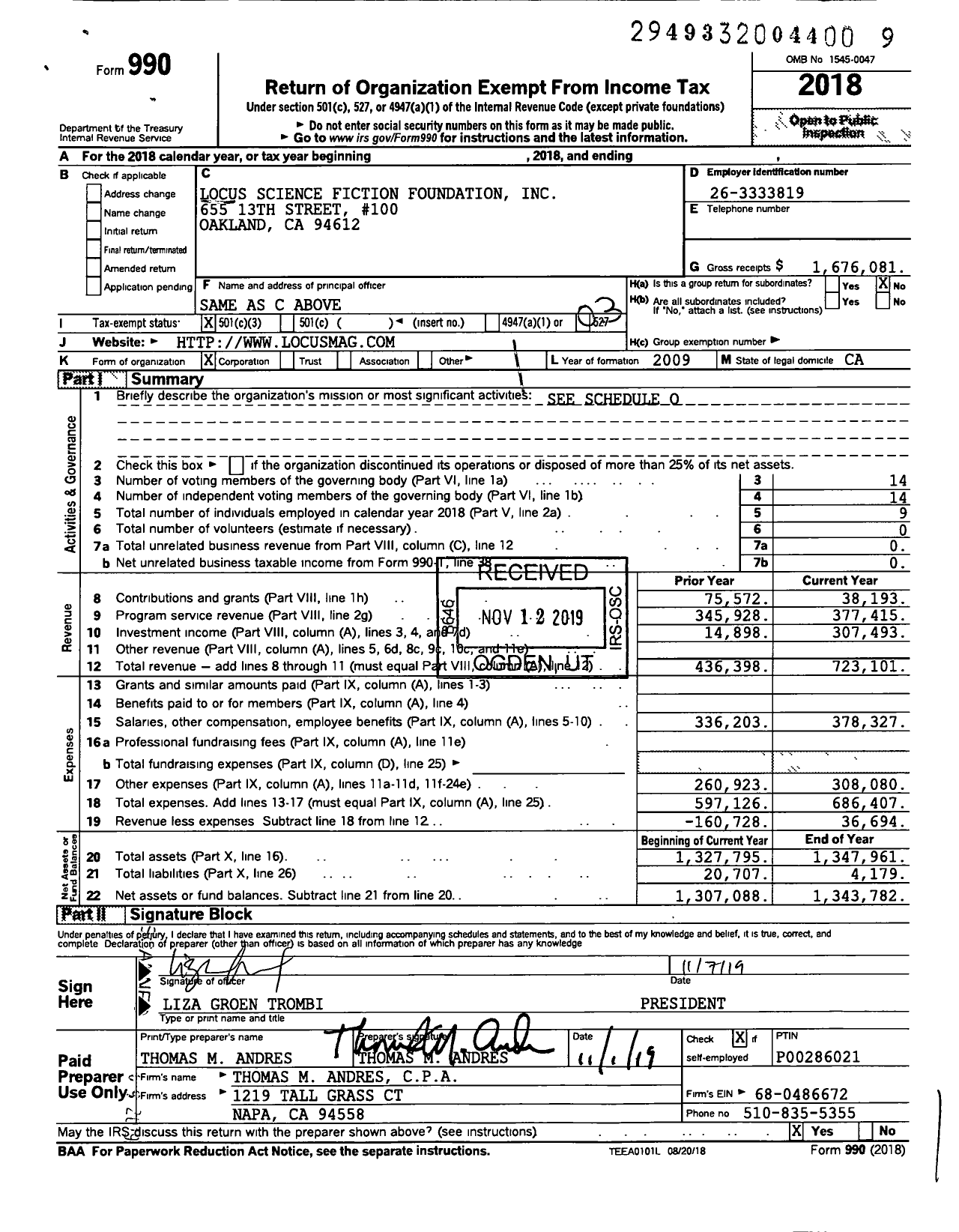 Image of first page of 2018 Form 990 for Locus Science Fiction Foundation