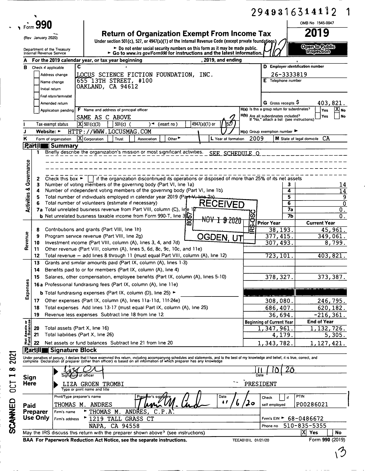 Image of first page of 2019 Form 990 for Locus Science Fiction Foundation