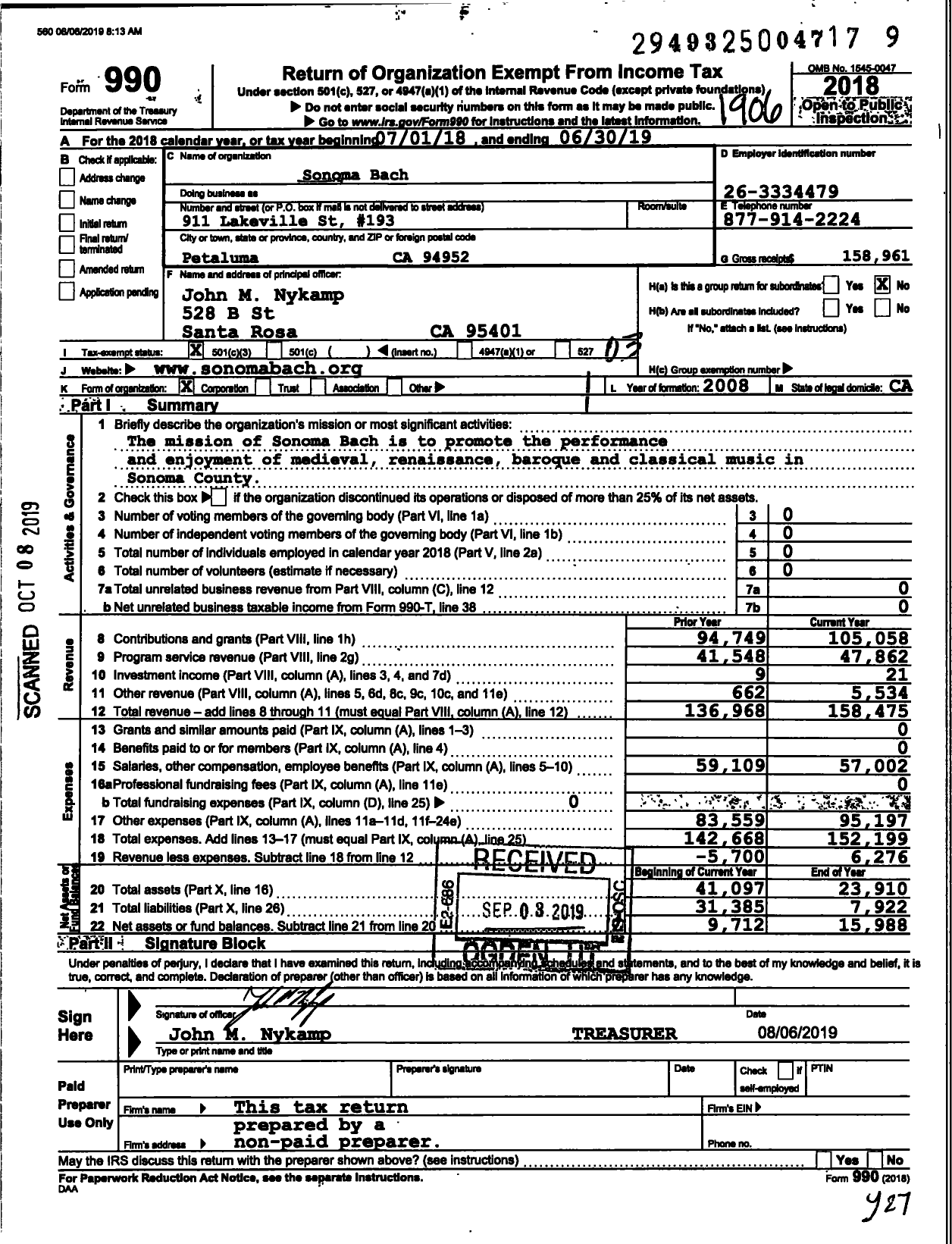 Image of first page of 2018 Form 990 for Sonoma Bach