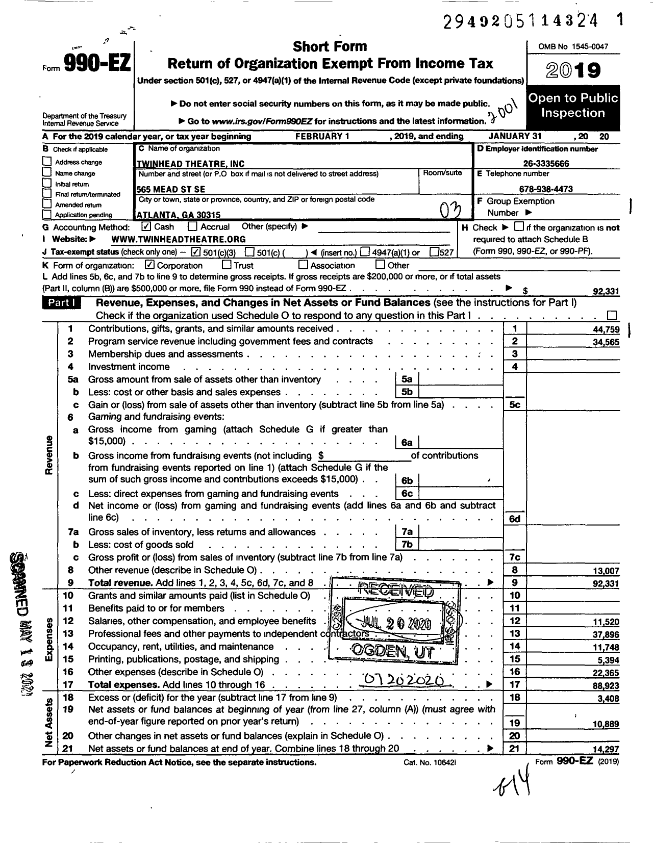 Image of first page of 2019 Form 990EZ for Twinhead Theatre