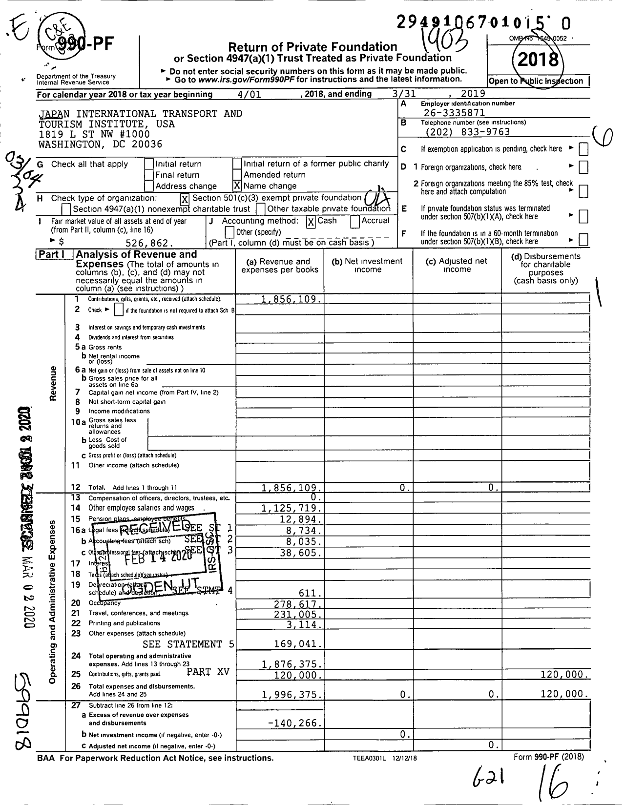 Image of first page of 2018 Form 990PR for Japan International Transport and Tourism Institute USA