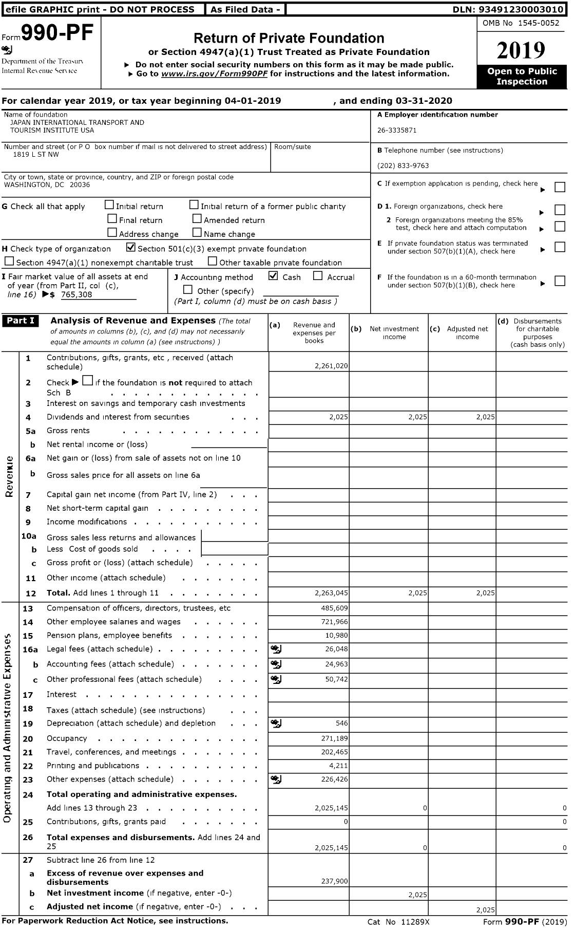 Image of first page of 2019 Form 990PR for Japan International Transport and Tourism Institute USA
