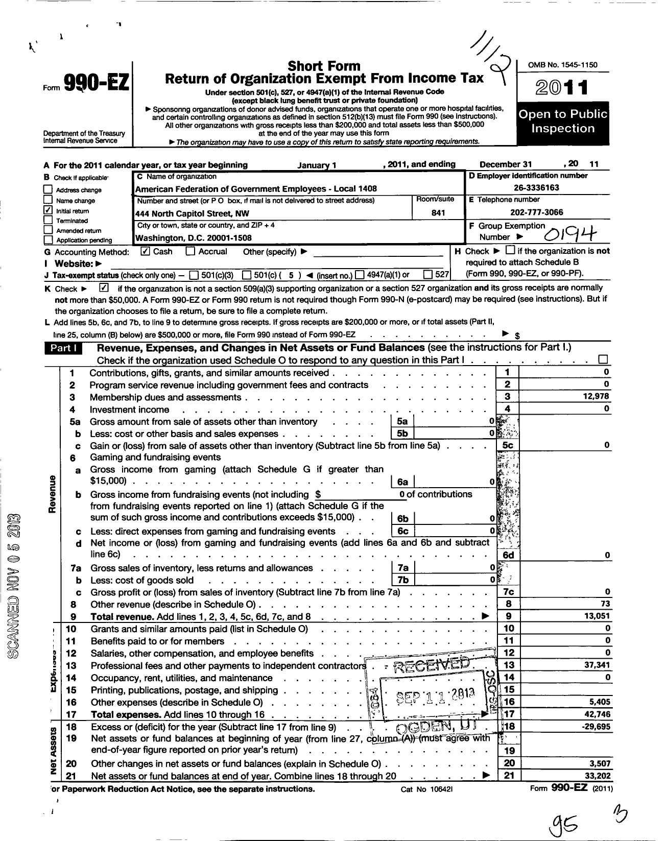 Image of first page of 2011 Form 990EO for American Federation of Government Employees - 1408 Afge Usuhs Local