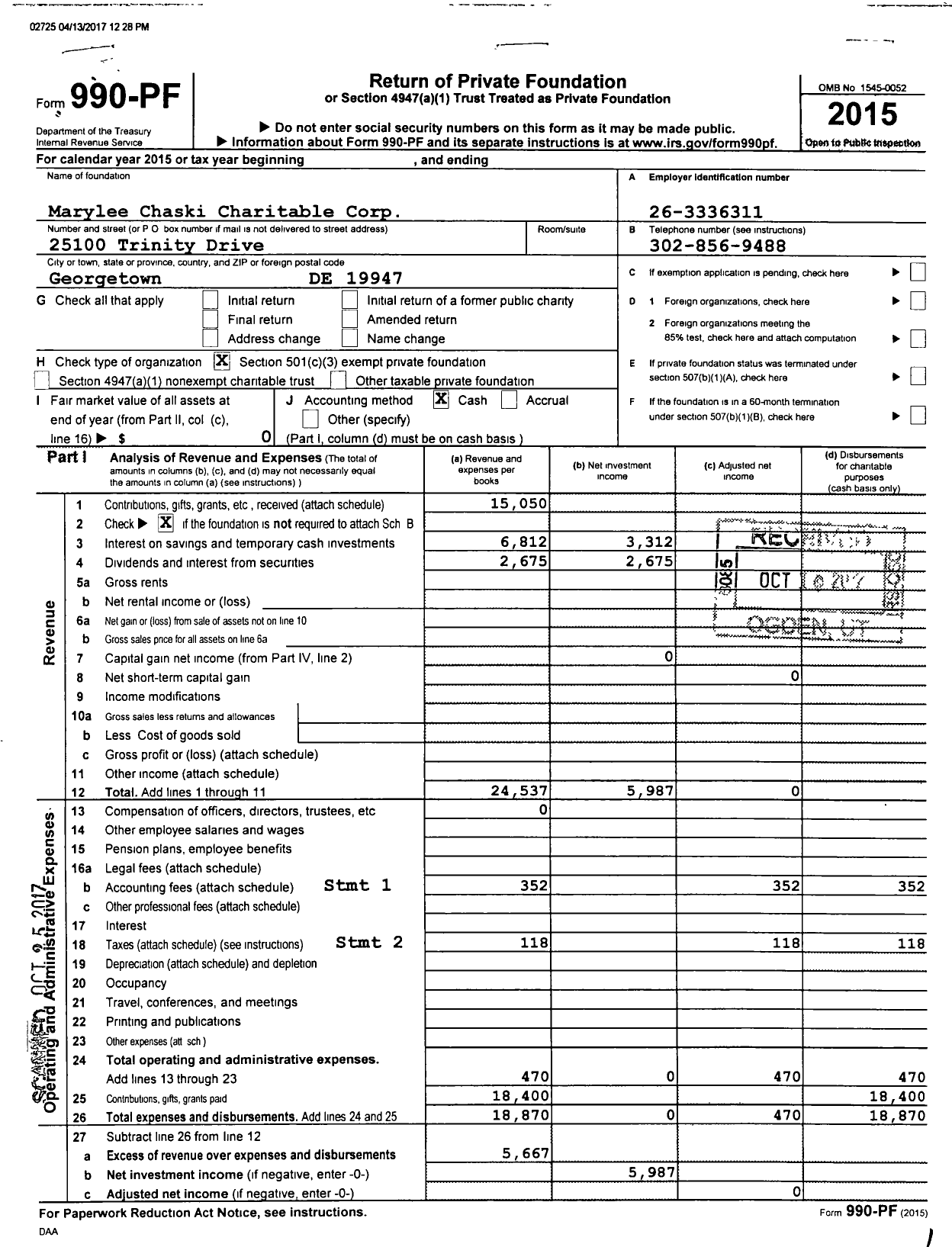 Image of first page of 2015 Form 990PF for Marylee Chaski Charitable Corporation
