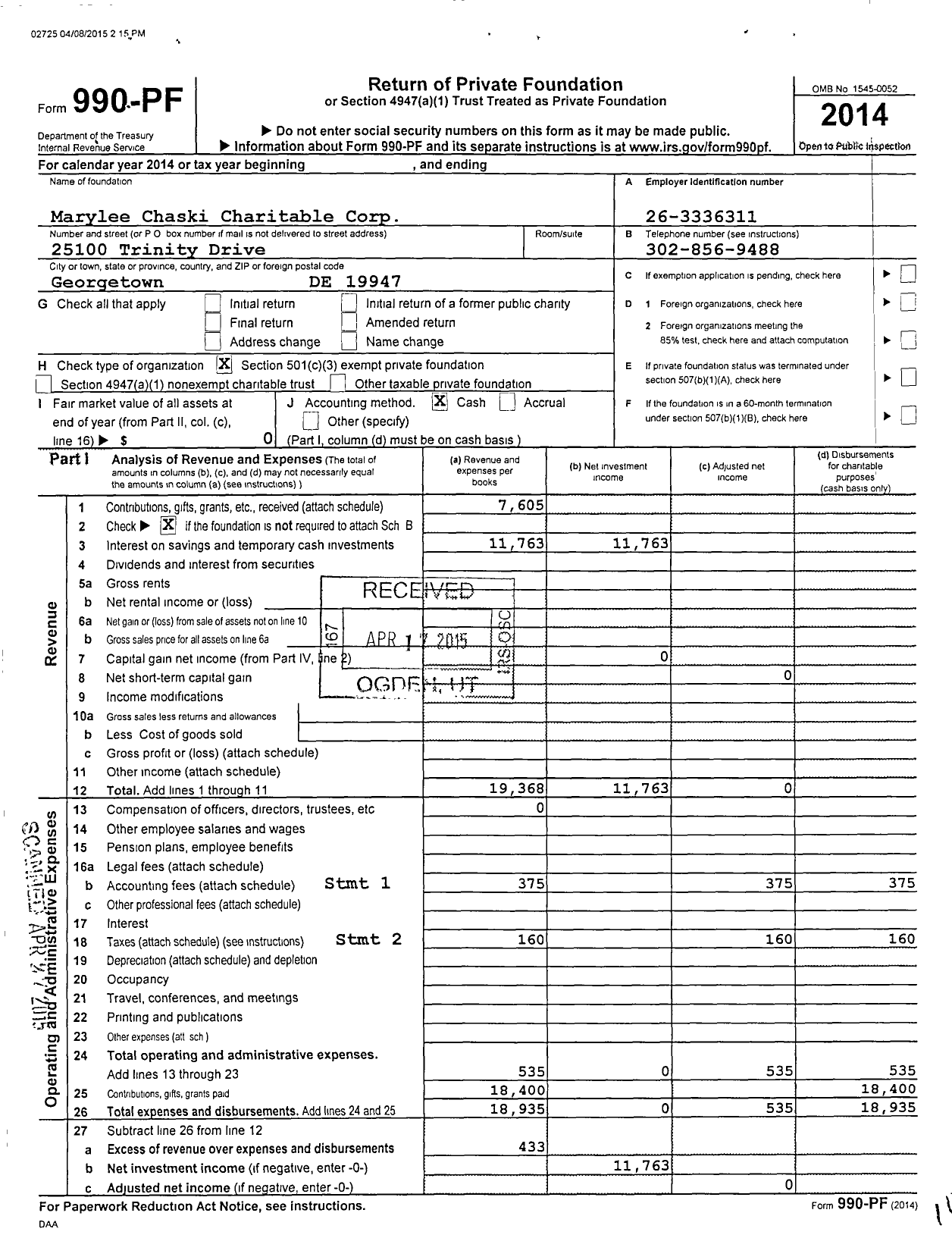 Image of first page of 2014 Form 990PF for Marylee Chaski Charitable Corporation