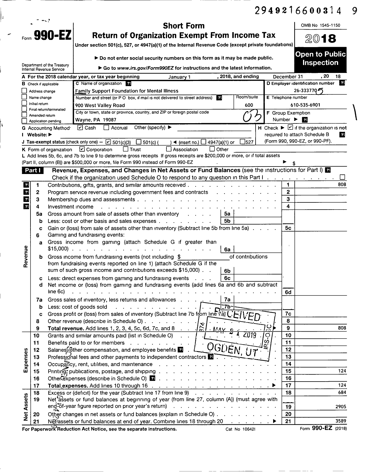 Image of first page of 2018 Form 990EZ for Family Support Foundation for Mental Illness