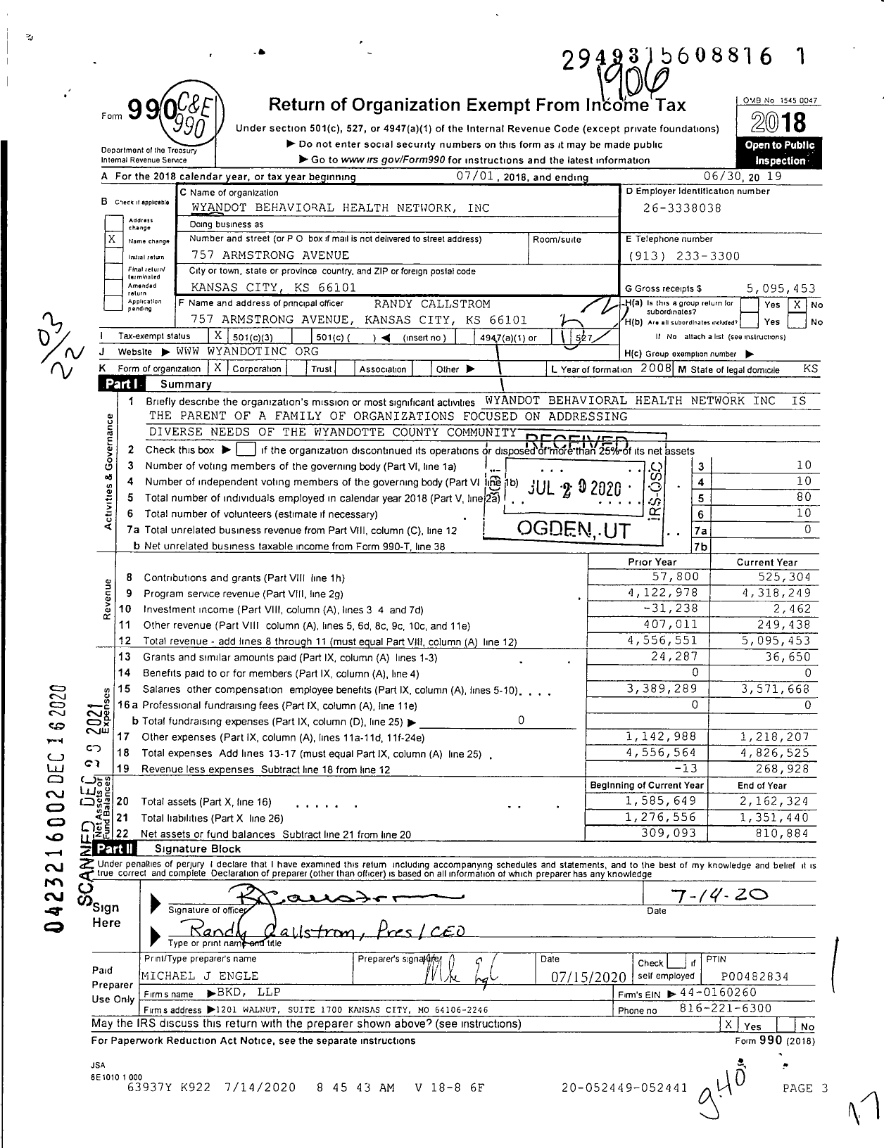 Image of first page of 2018 Form 990 for Wyandot Behavioral Health Network