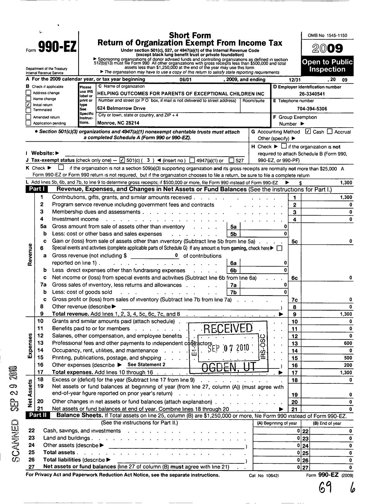 Image of first page of 2009 Form 990EZ for Helping Outcomes for Parents of Exceptional Children