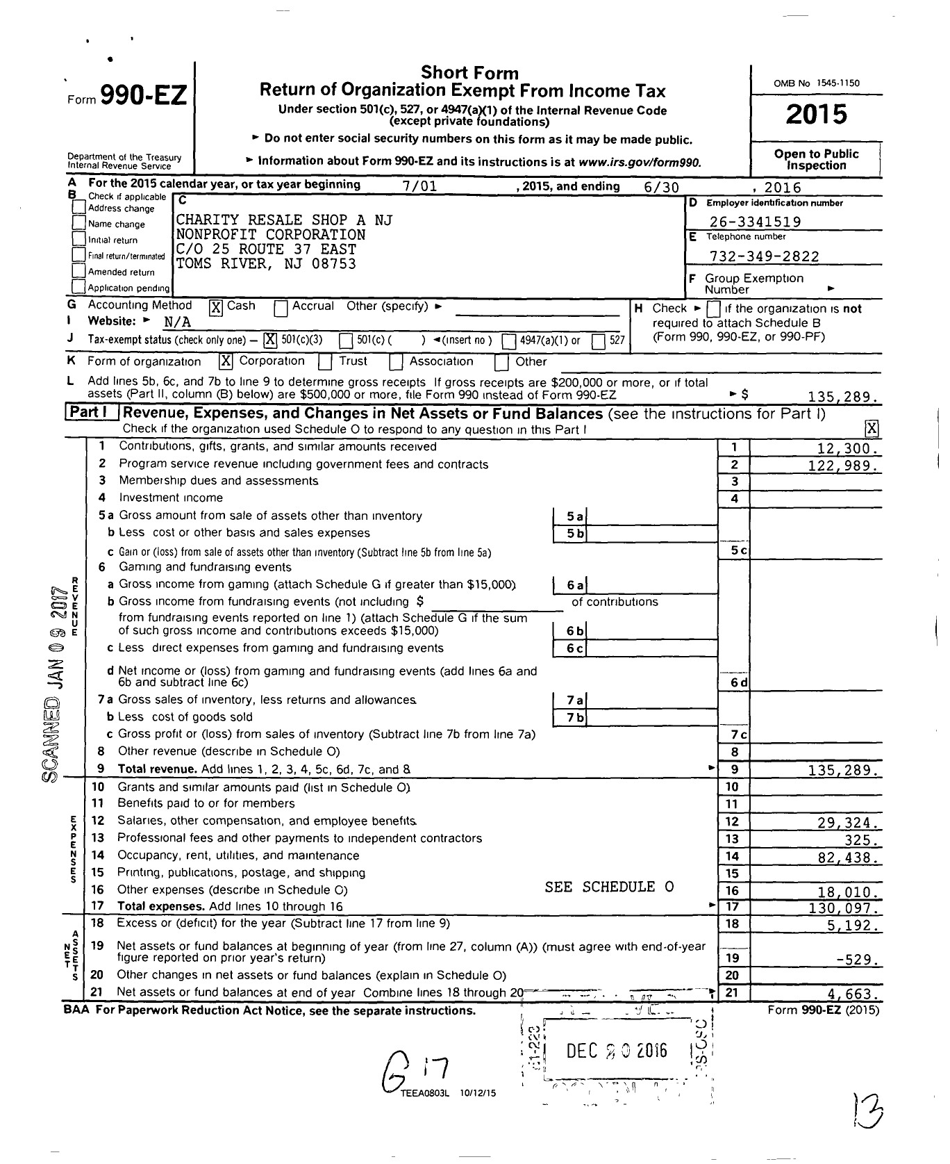 Image of first page of 2015 Form 990EZ for Charity Resale Shop A NJ NonProfit Corporation