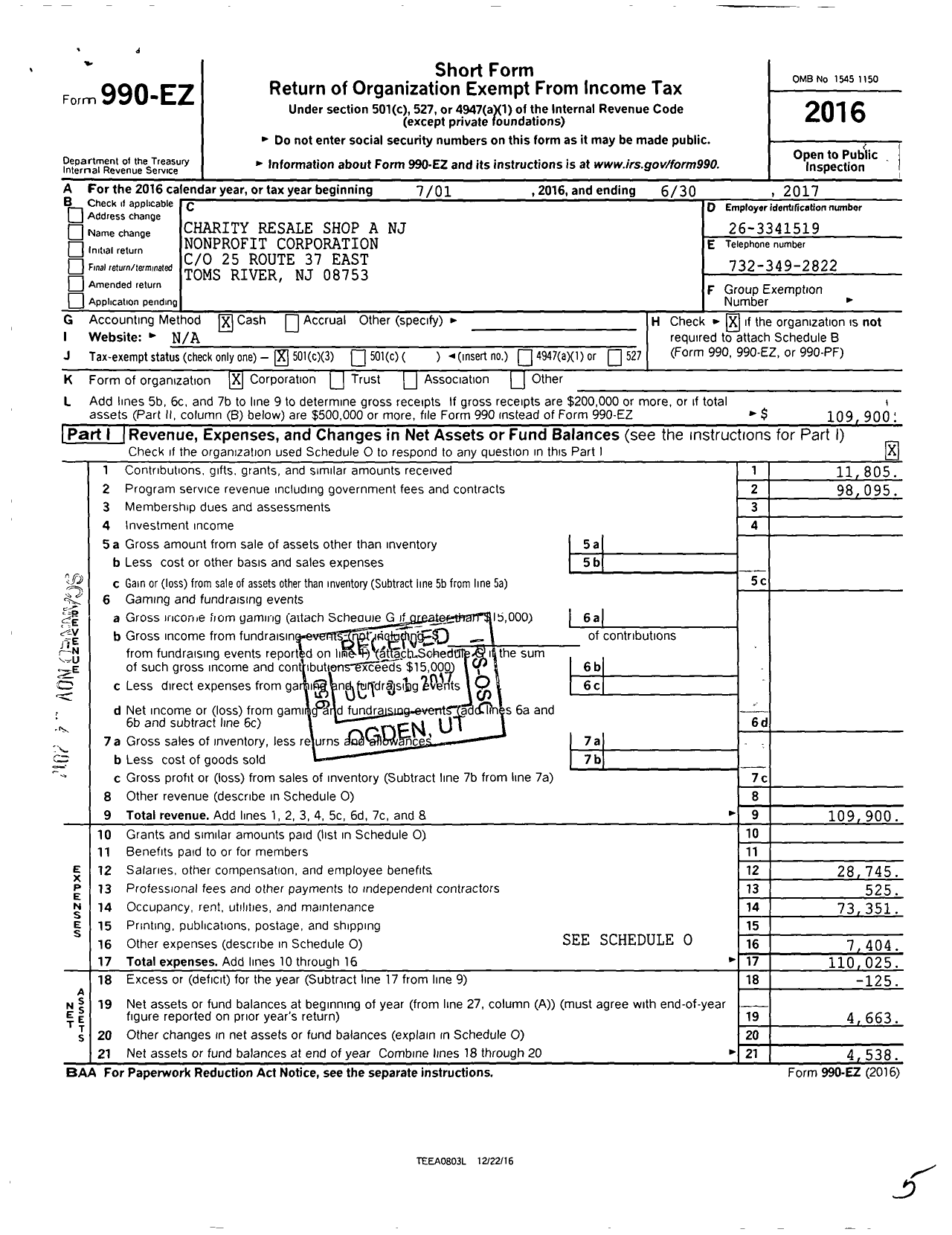 Image of first page of 2016 Form 990EZ for Charity Resale Shop A NJ NonProfit Corporation