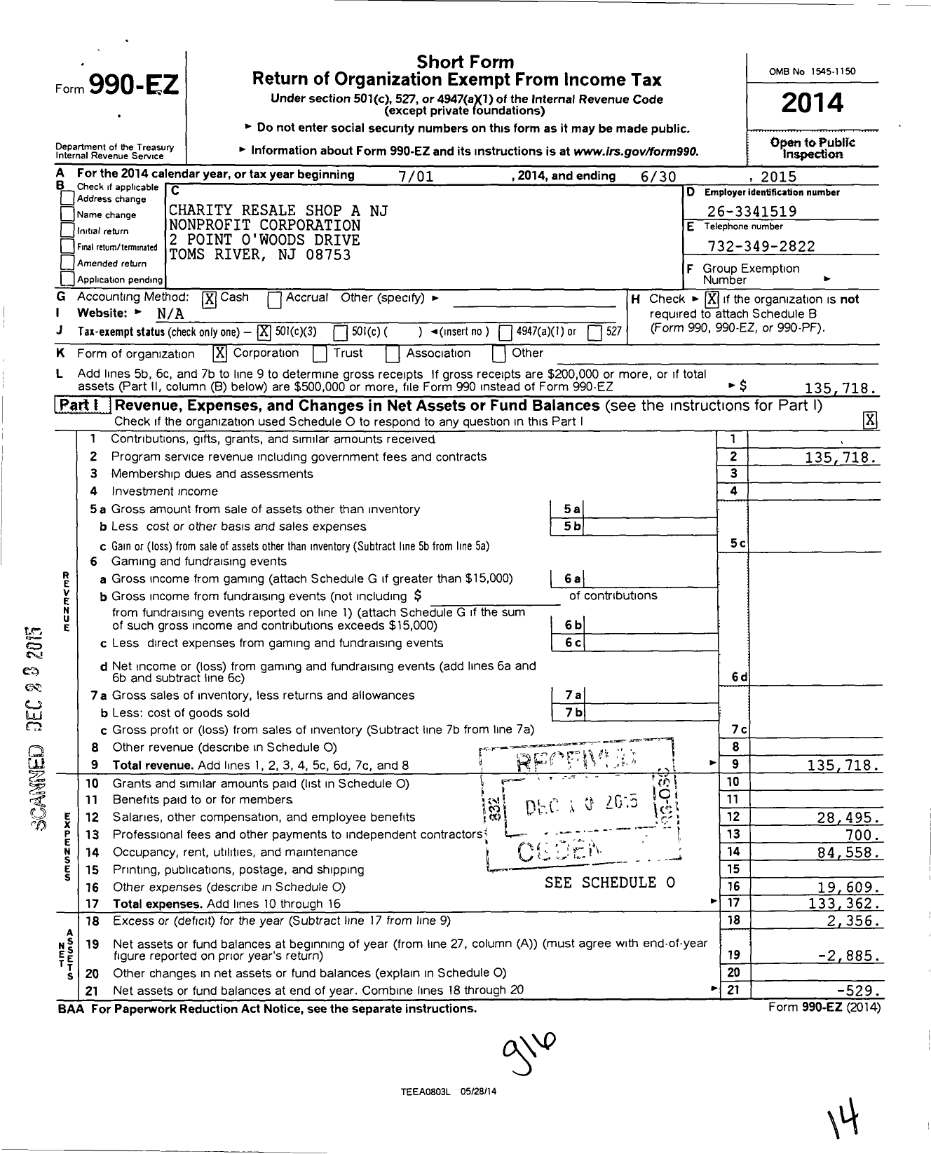 Image of first page of 2014 Form 990EZ for Charity Resale Shop A NJ NonProfit Corporation