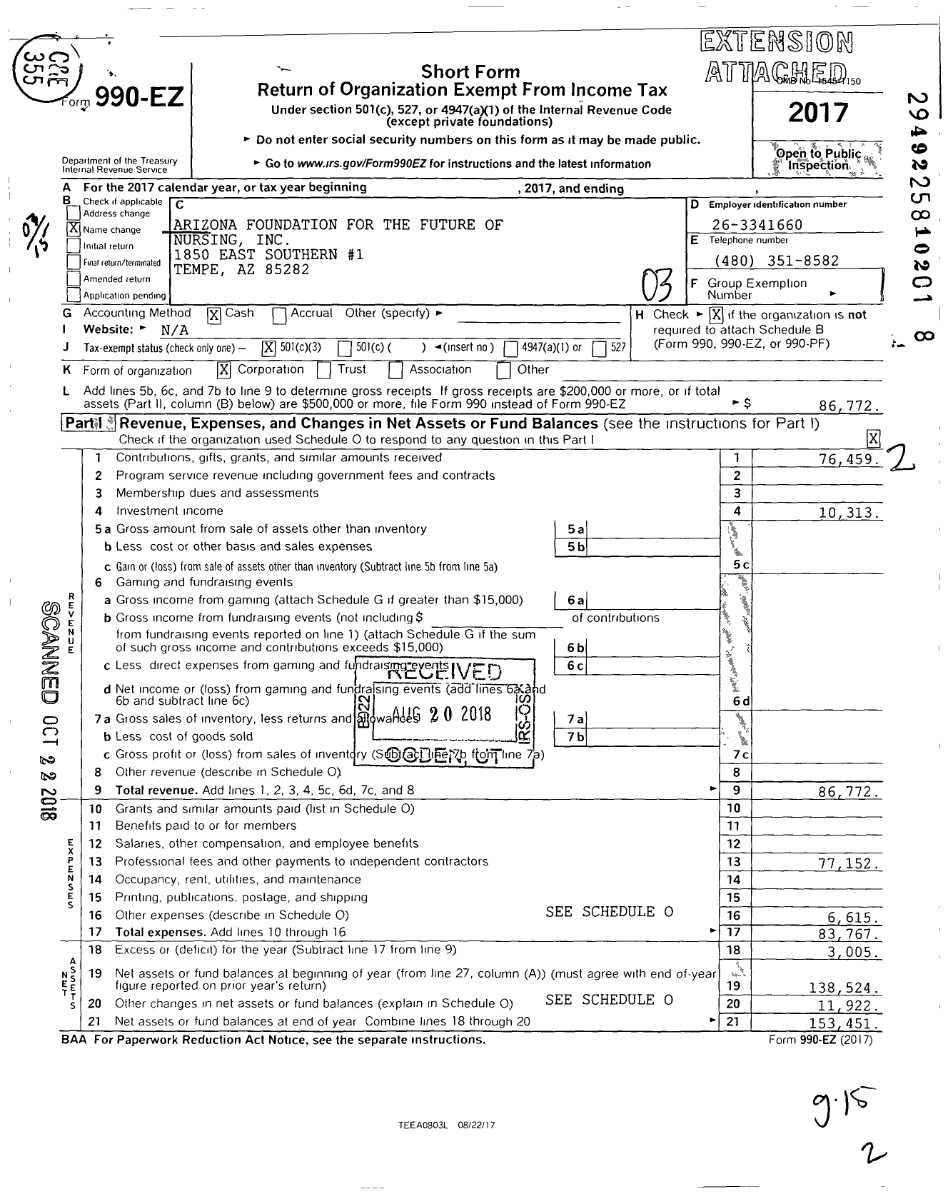 Image of first page of 2017 Form 990EZ for Arizona Foundation for the Future of Nursing