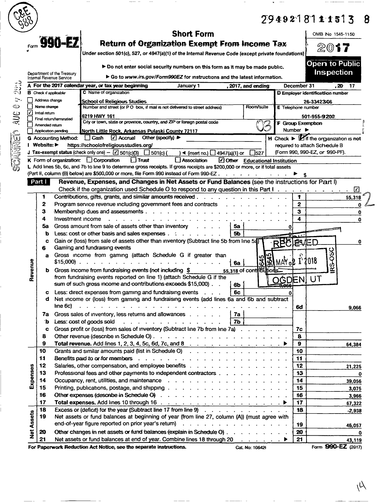 Image of first page of 2017 Form 990EZ for School of Religious Studies