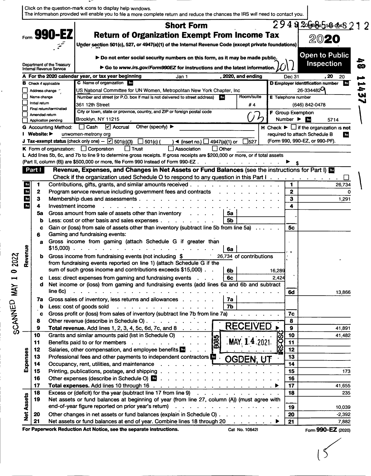 Image of first page of 2020 Form 990EZ for Us National Committee for Un Women / Metropolitan New York Chapter Inc