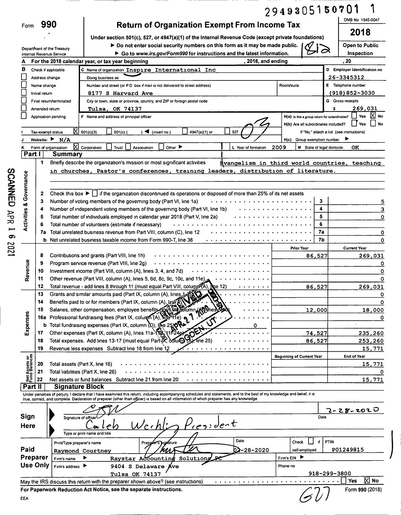 Image of first page of 2018 Form 990 for Inspire International