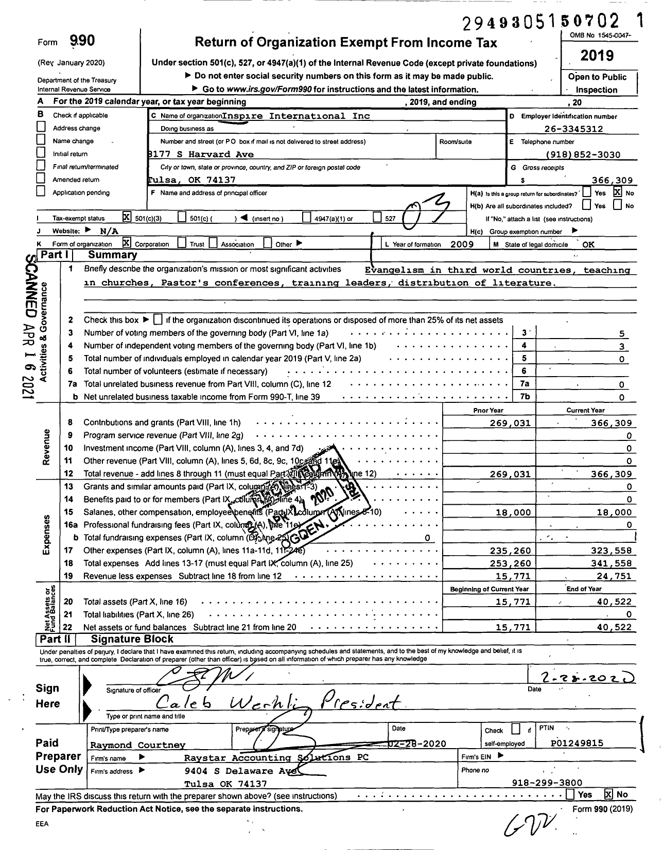 Image of first page of 2019 Form 990 for Inspire International