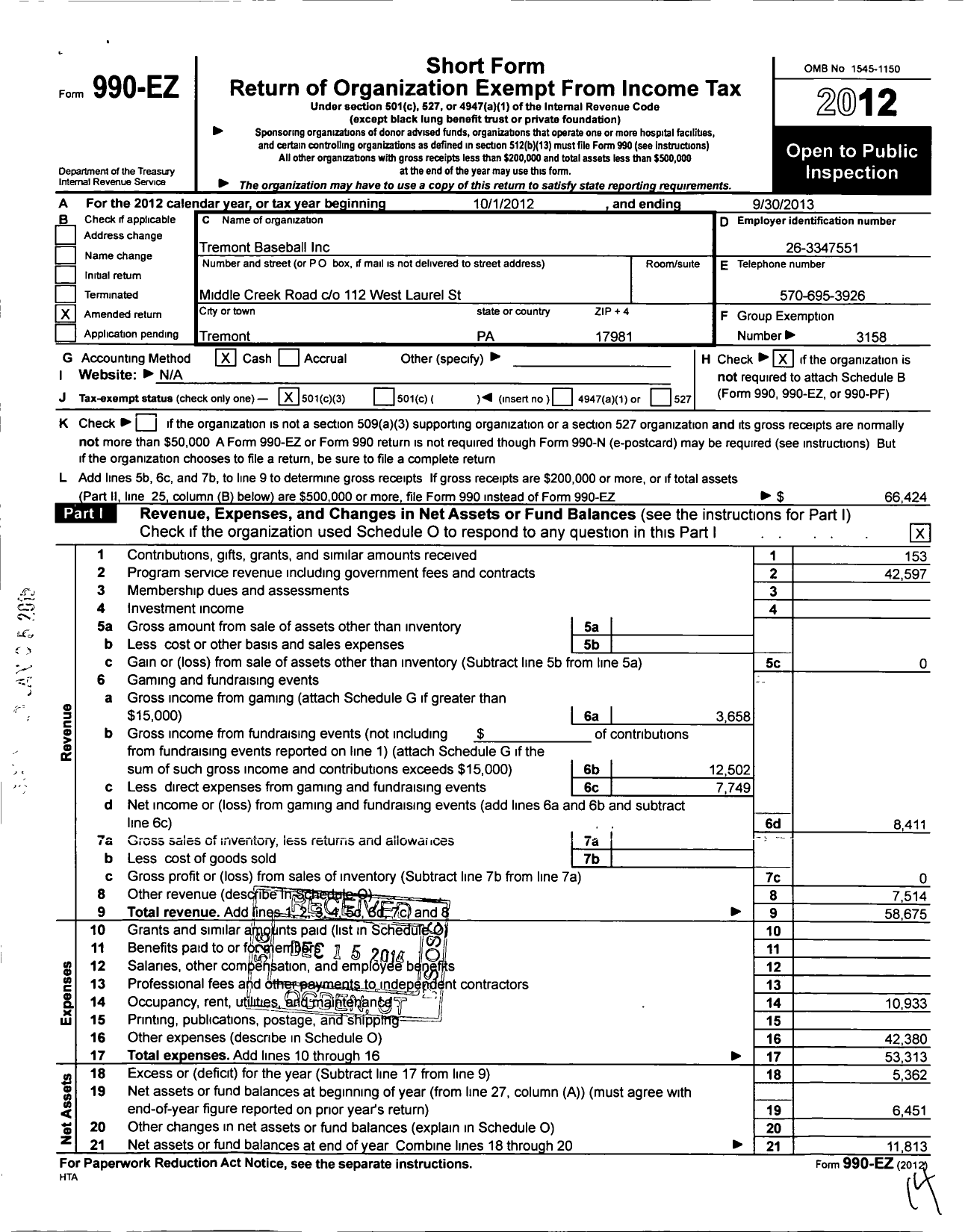 Image of first page of 2012 Form 990EZ for Little League Baseball - 104961 Tremont LL