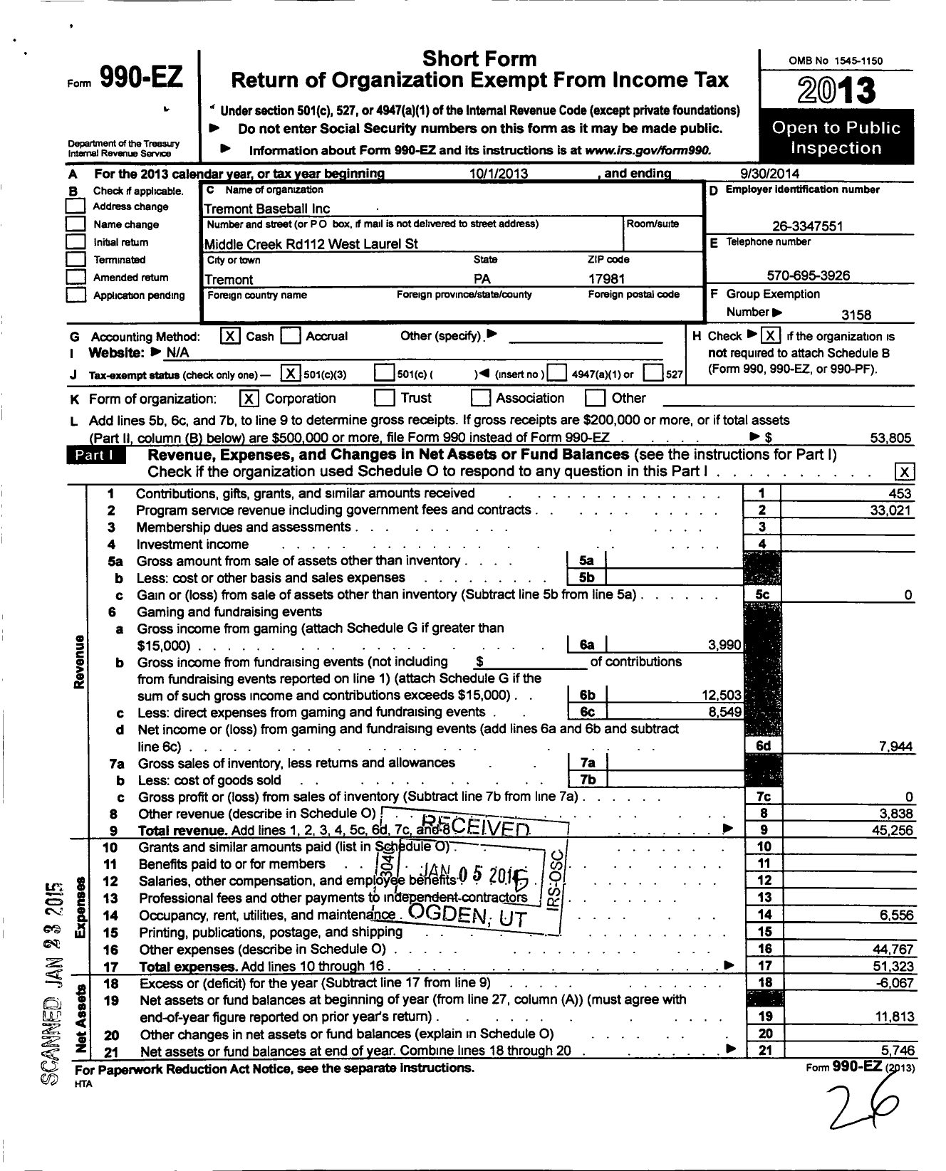 Image of first page of 2013 Form 990EZ for Little League Baseball - 104961 Tremont LL