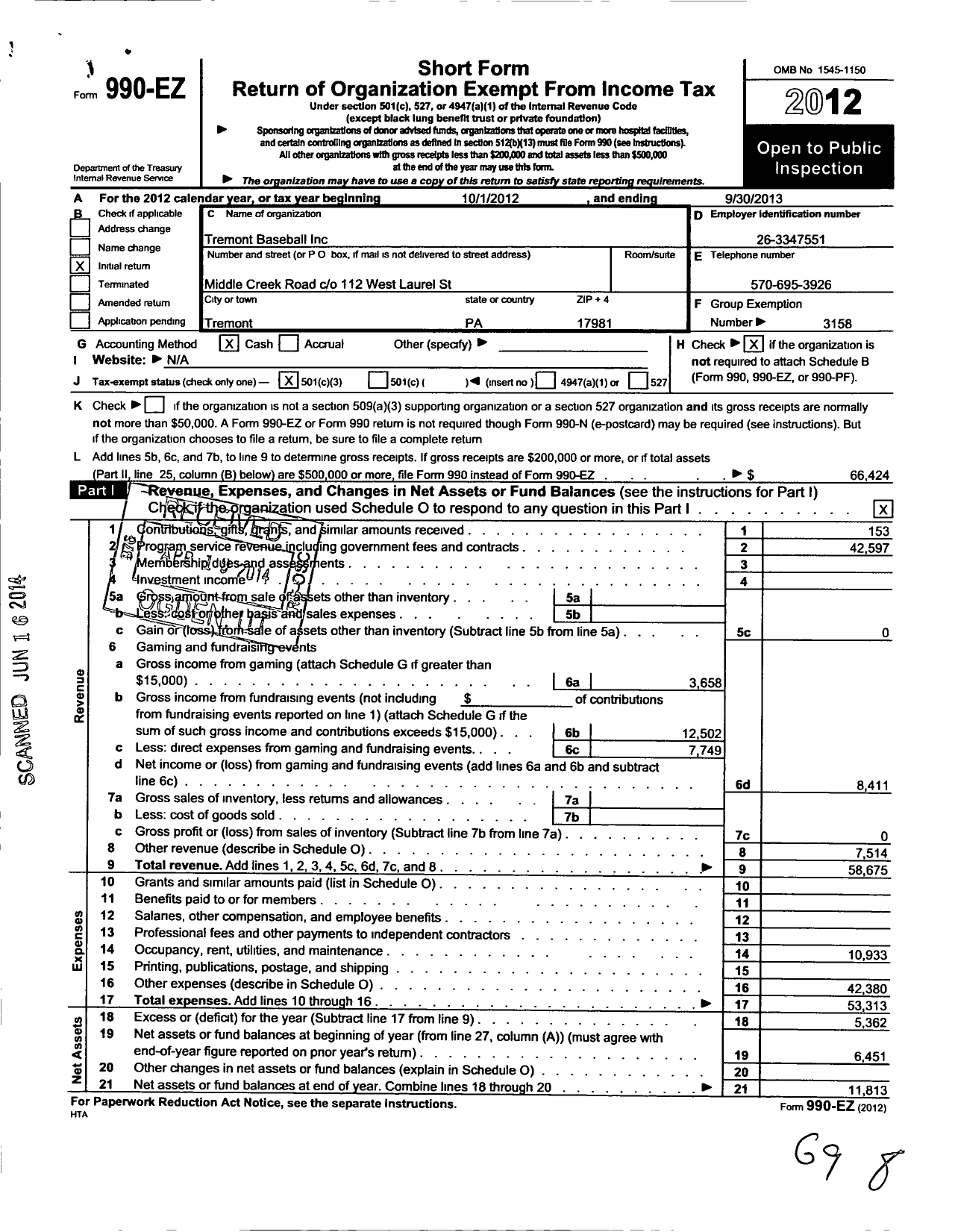 Image of first page of 2012 Form 990EZ for Little League Baseball - 104961 Tremont LL