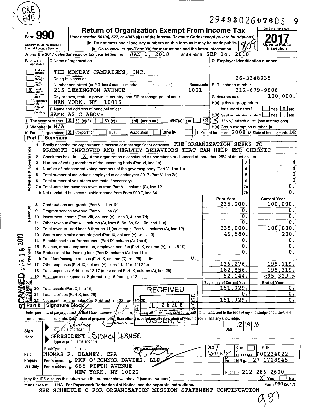 Image of first page of 2017 Form 990 for Monday Campaigns