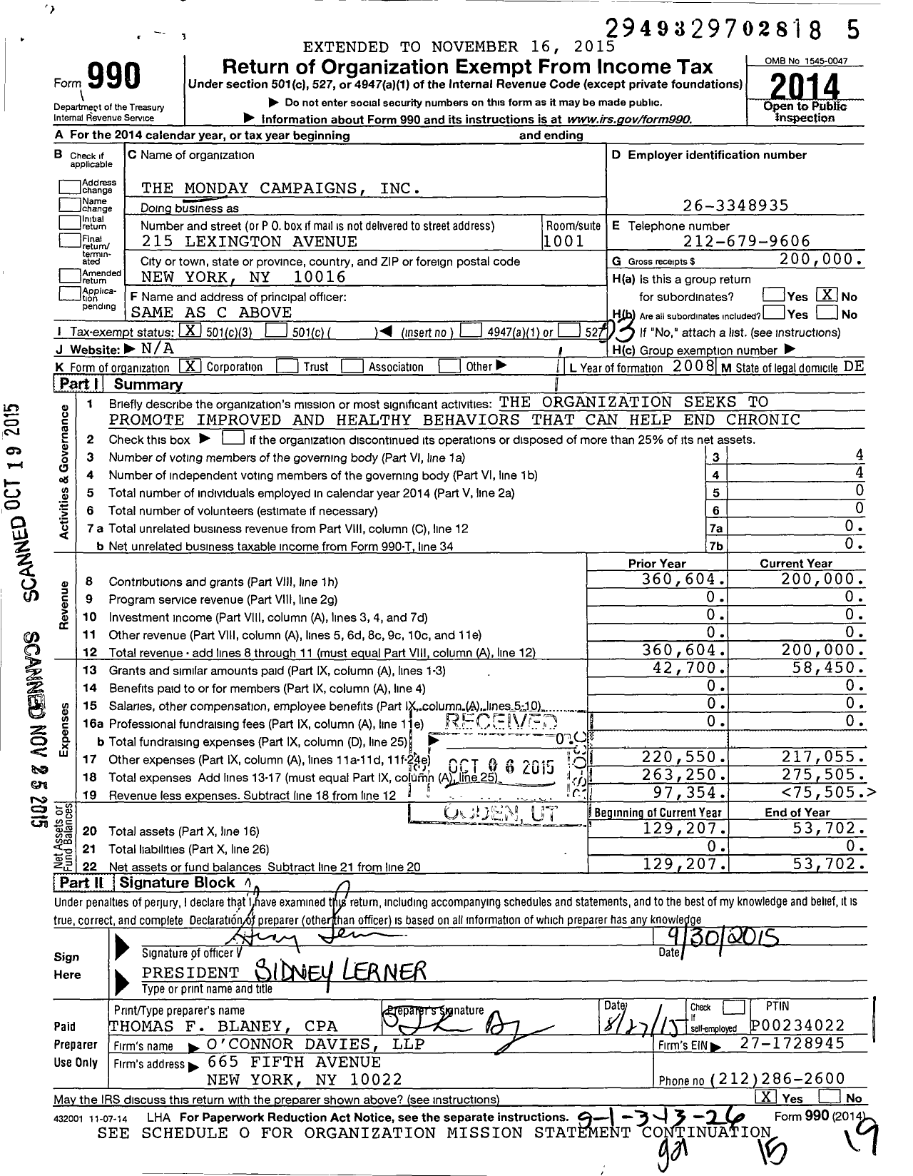 Image of first page of 2014 Form 990 for Monday Campaigns