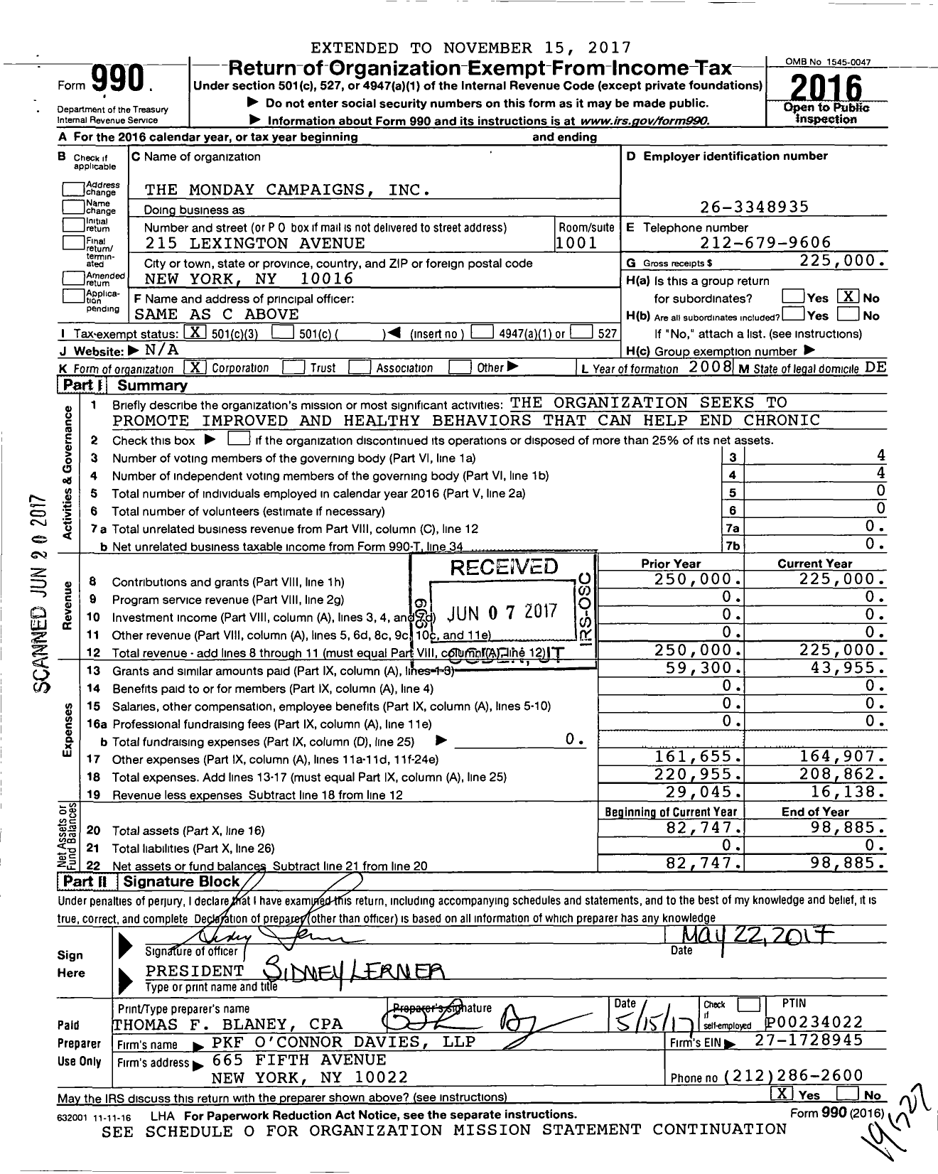 Image of first page of 2016 Form 990 for Monday Campaigns