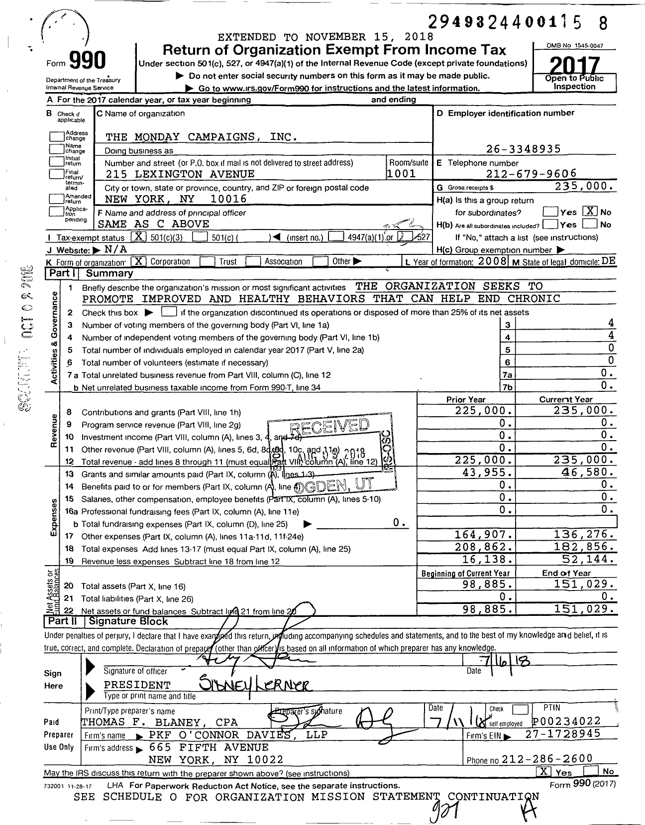 Image of first page of 2017 Form 990 for Monday Campaigns