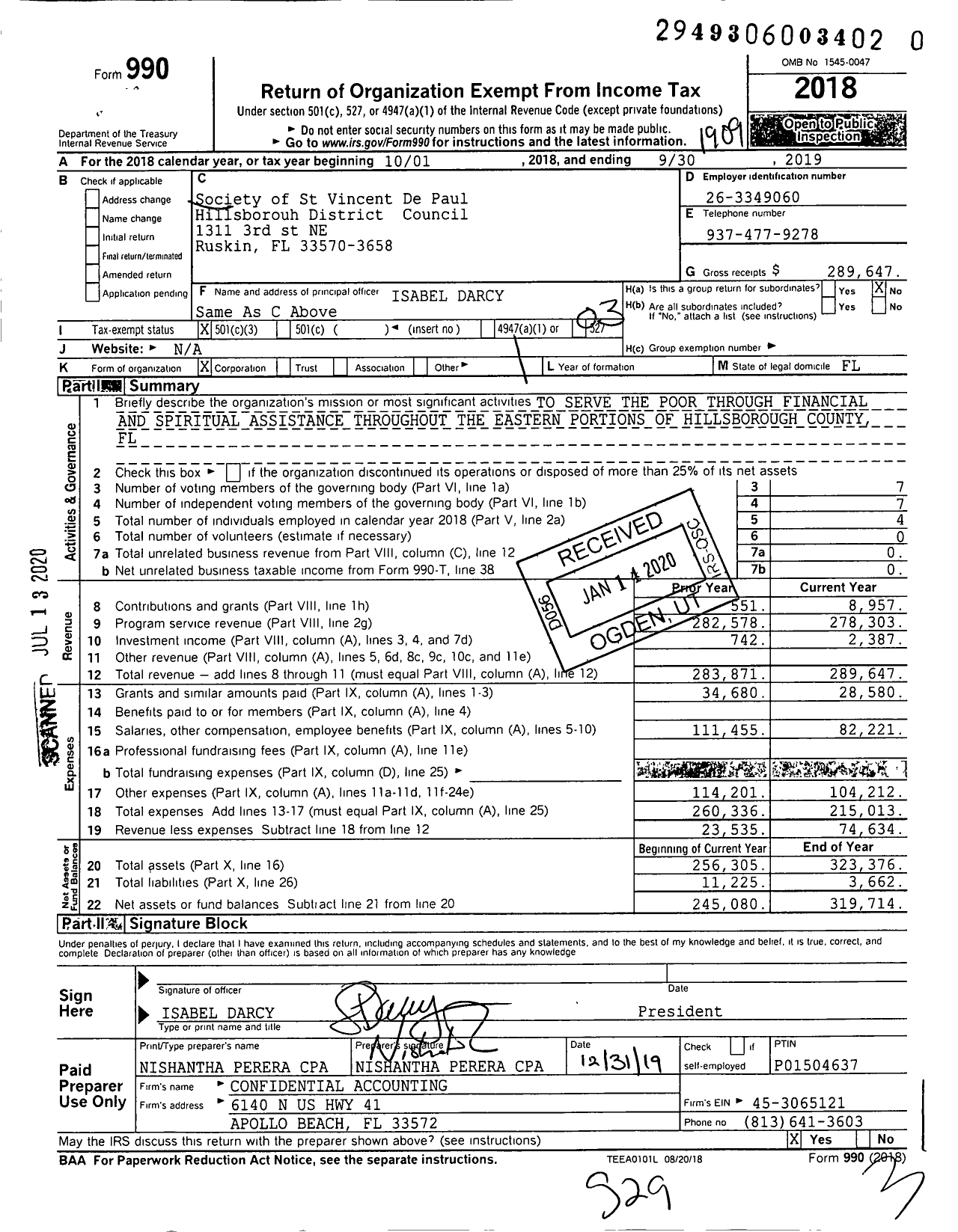 Image of first page of 2018 Form 990 for Society of St Vincent De Paul Hillsborough District Council