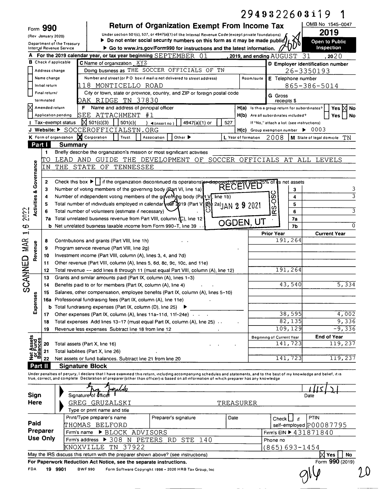 Image of first page of 2019 Form 990 for Soccer Officials of Tennessee