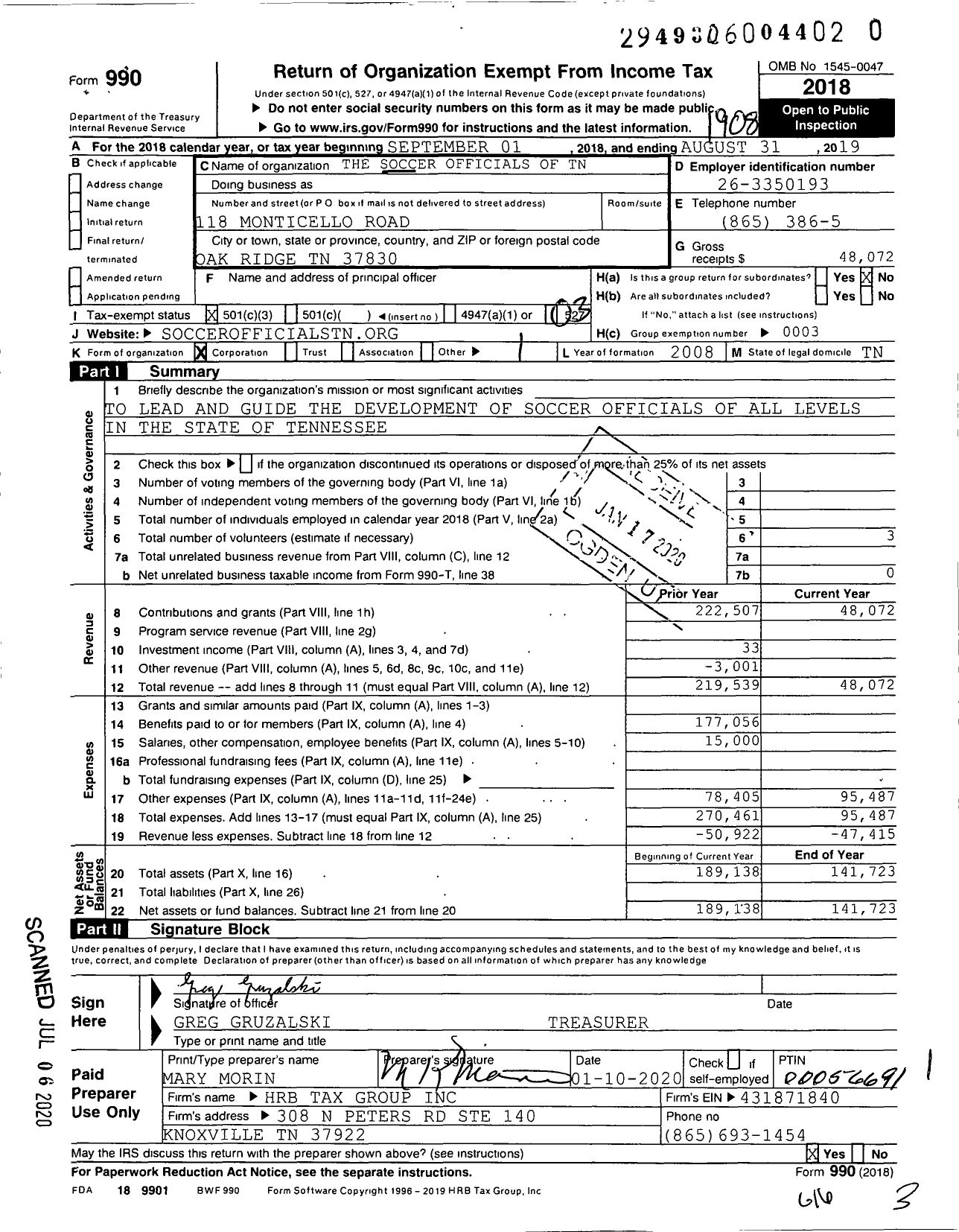 Image of first page of 2018 Form 990 for Soccer Officials of Tennessee