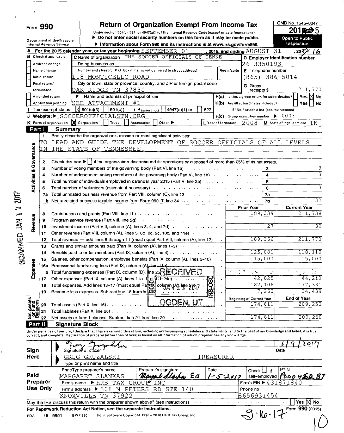 Image of first page of 2015 Form 990 for Soccer Officials of Tennessee