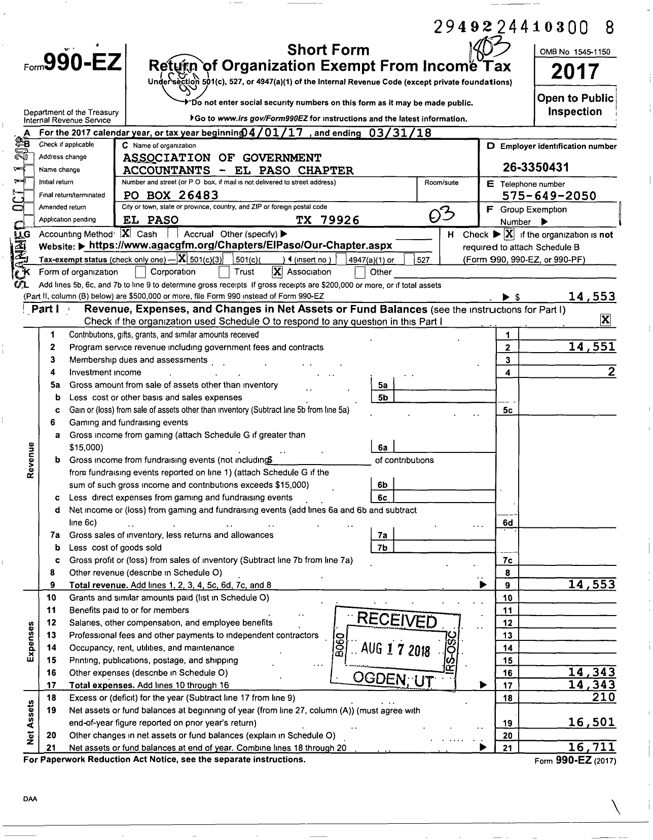 Image of first page of 2017 Form 990EZ for Association of Government Accountants El Paso Chapter