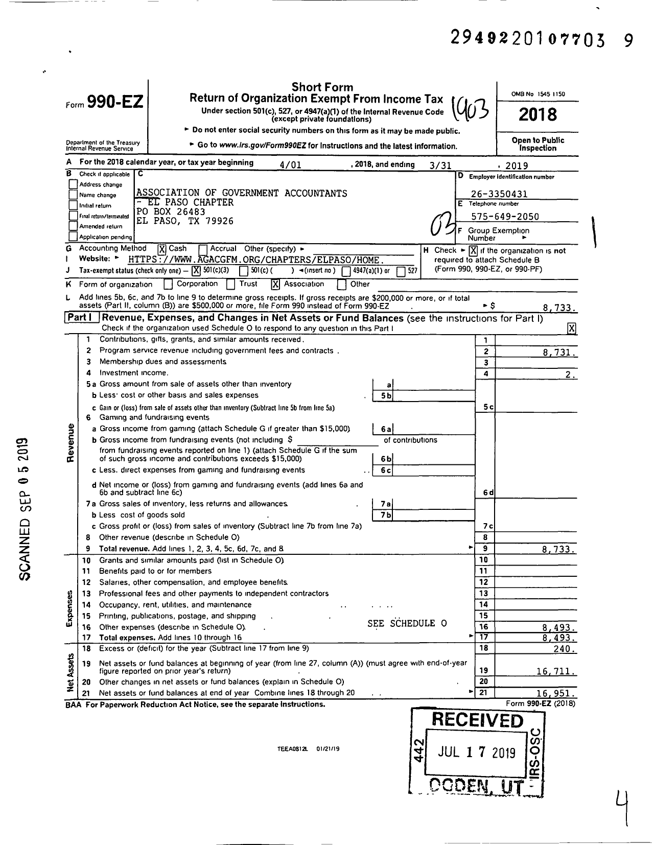 Image of first page of 2018 Form 990EZ for Association of Government Accountants El Paso Chapter