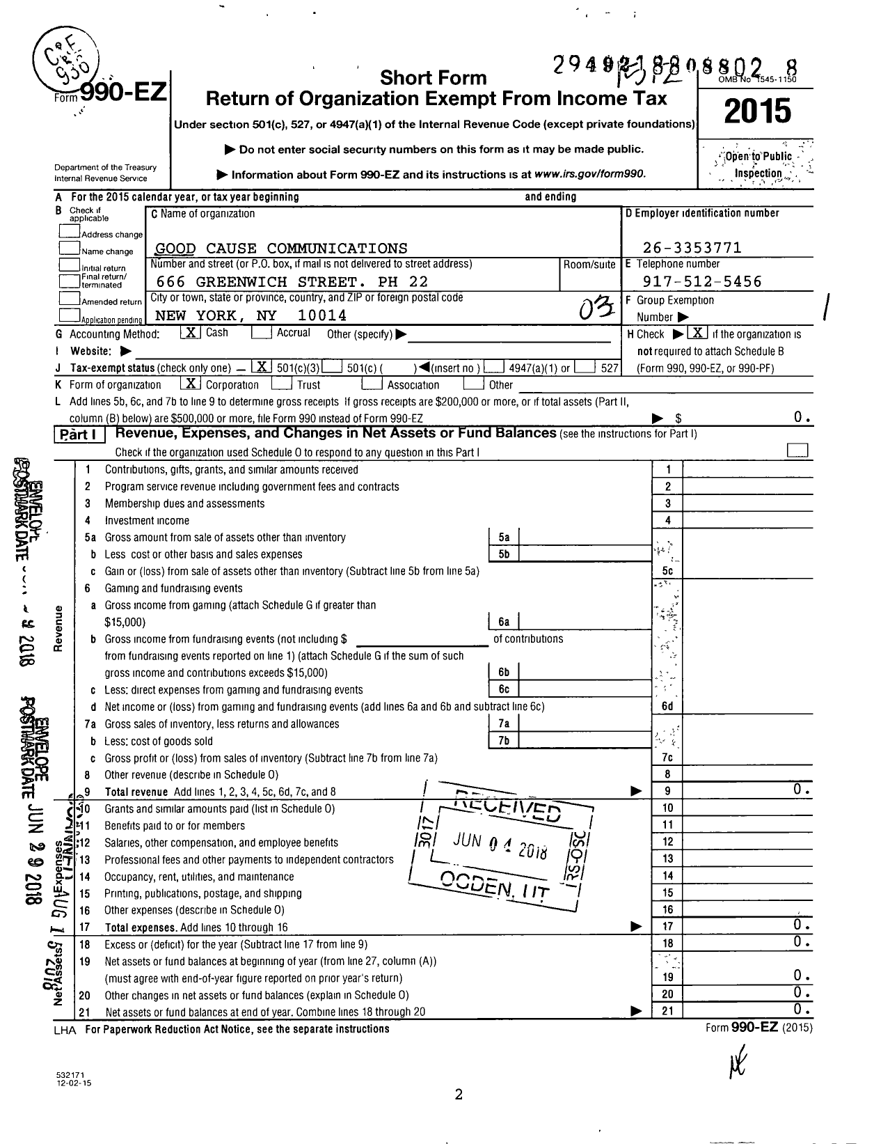 Image of first page of 2015 Form 990EZ for Science Literacy Foundation / Good Cause Communications