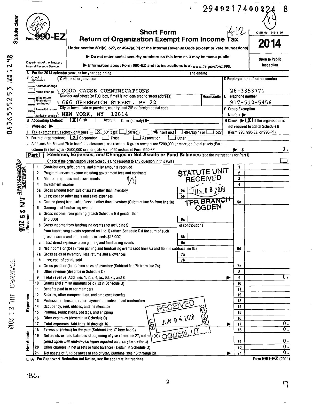 Image of first page of 2014 Form 990EZ for Science Literacy Foundation / Good Cause Communications