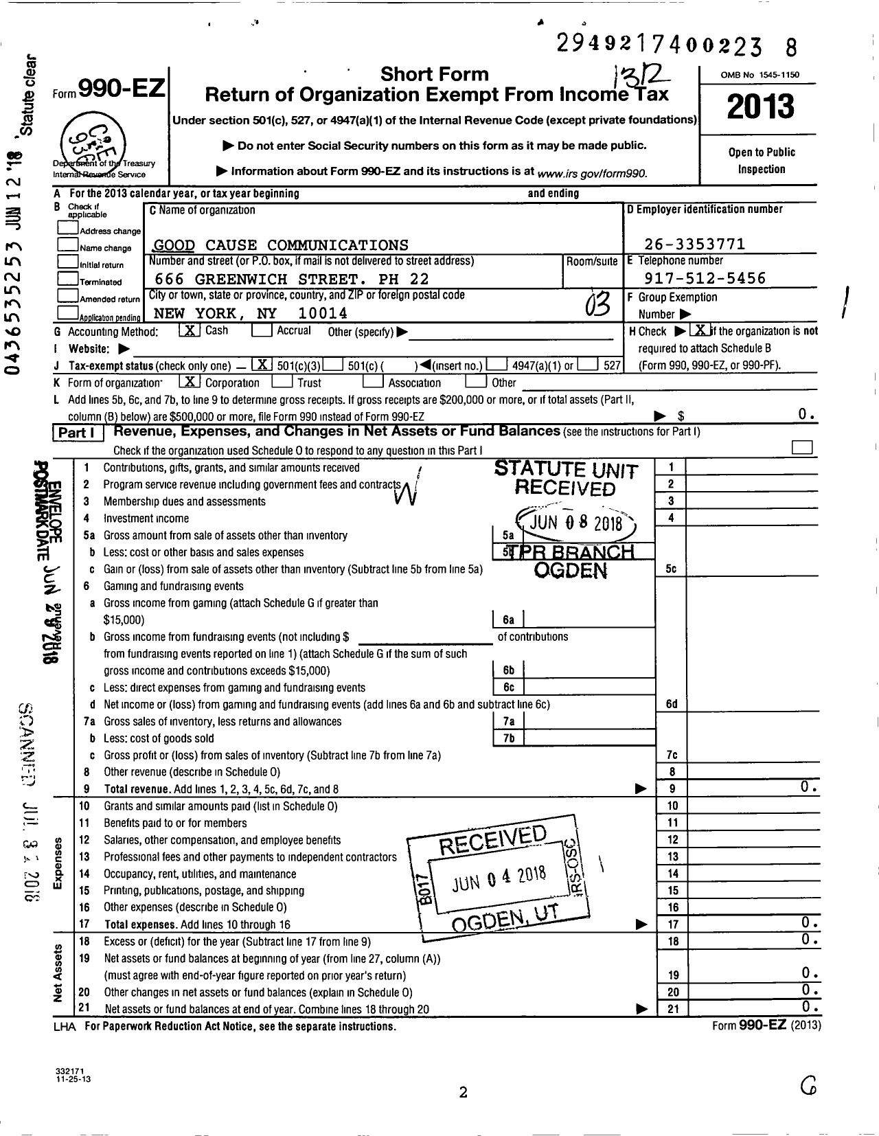 Image of first page of 2013 Form 990EZ for Science Literacy Foundation / Good Cause Communications